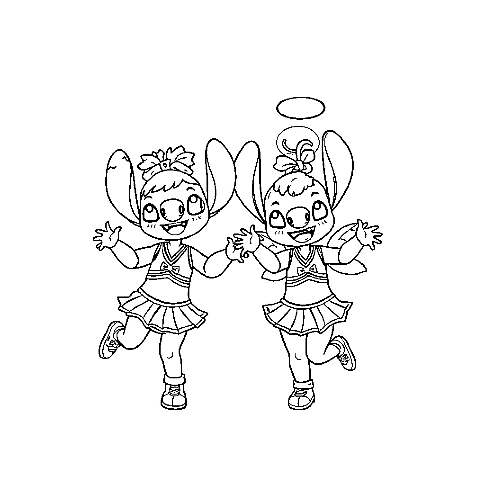 Stitch and Angel Dancing Happily Together Coloring Page (free black-and-white line drawing printable PDF for all, from beginners to advanced learners, including children, teens, adults, and seniors)