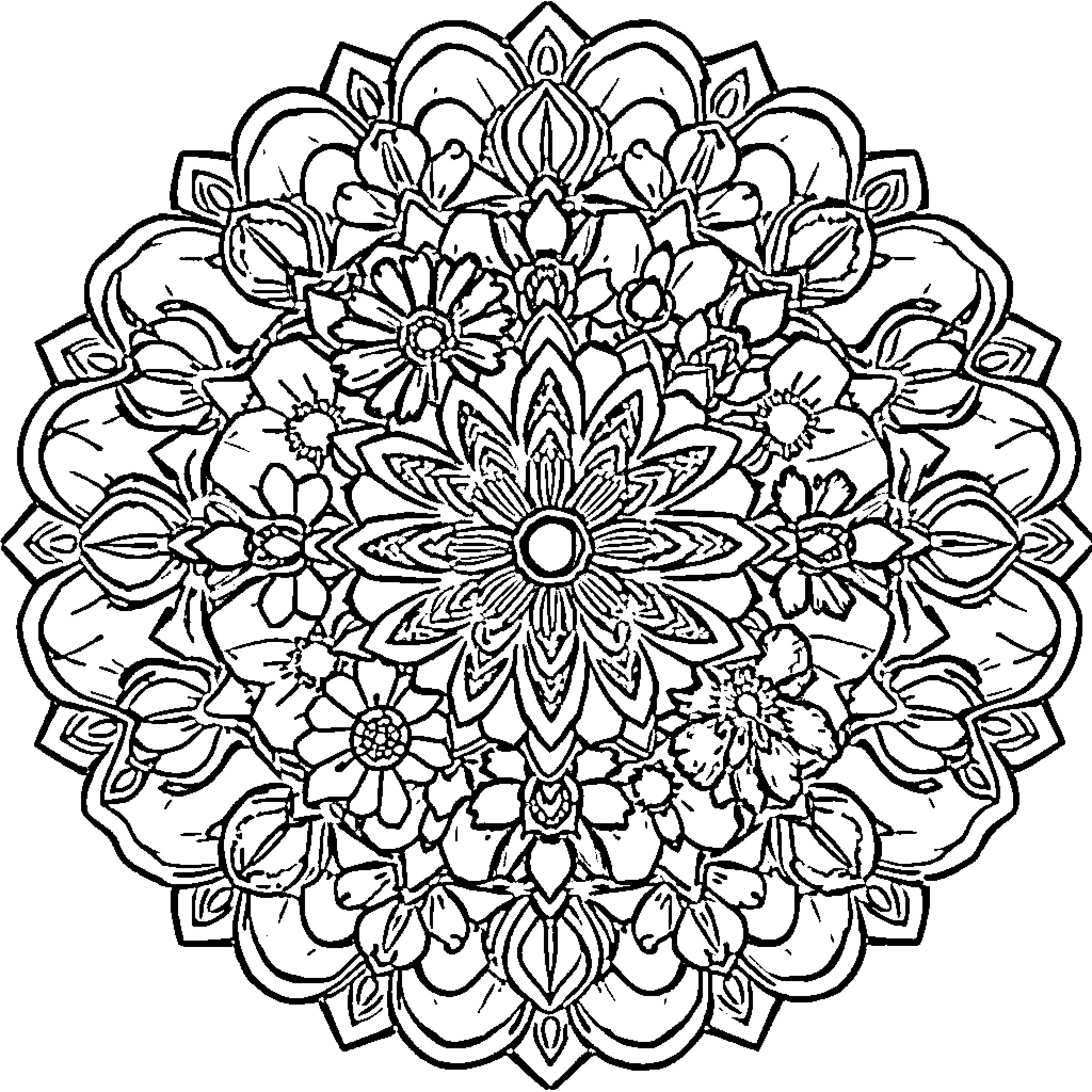 Mandala with intricate floral patterns Coloring Page (free black-and-white line drawing printable PDF for all, from beginners to advanced learners, including children, teens, adults, and seniors)