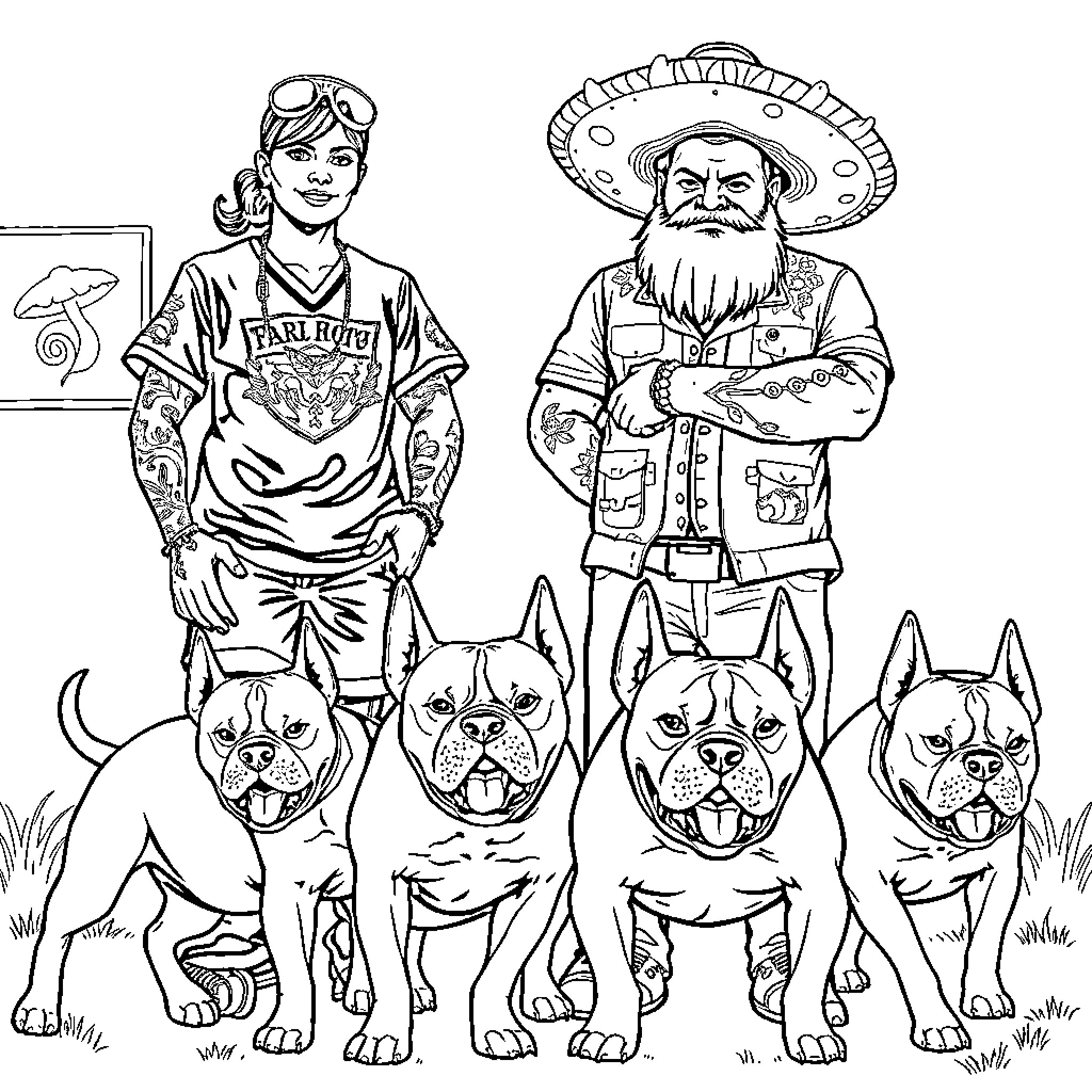 Nurse and Cowboy with Friendly Dogs Coloring Page (free black-and-white line drawing printable PDF for all, from beginners to advanced learners, including children, teens, adults, and seniors)
