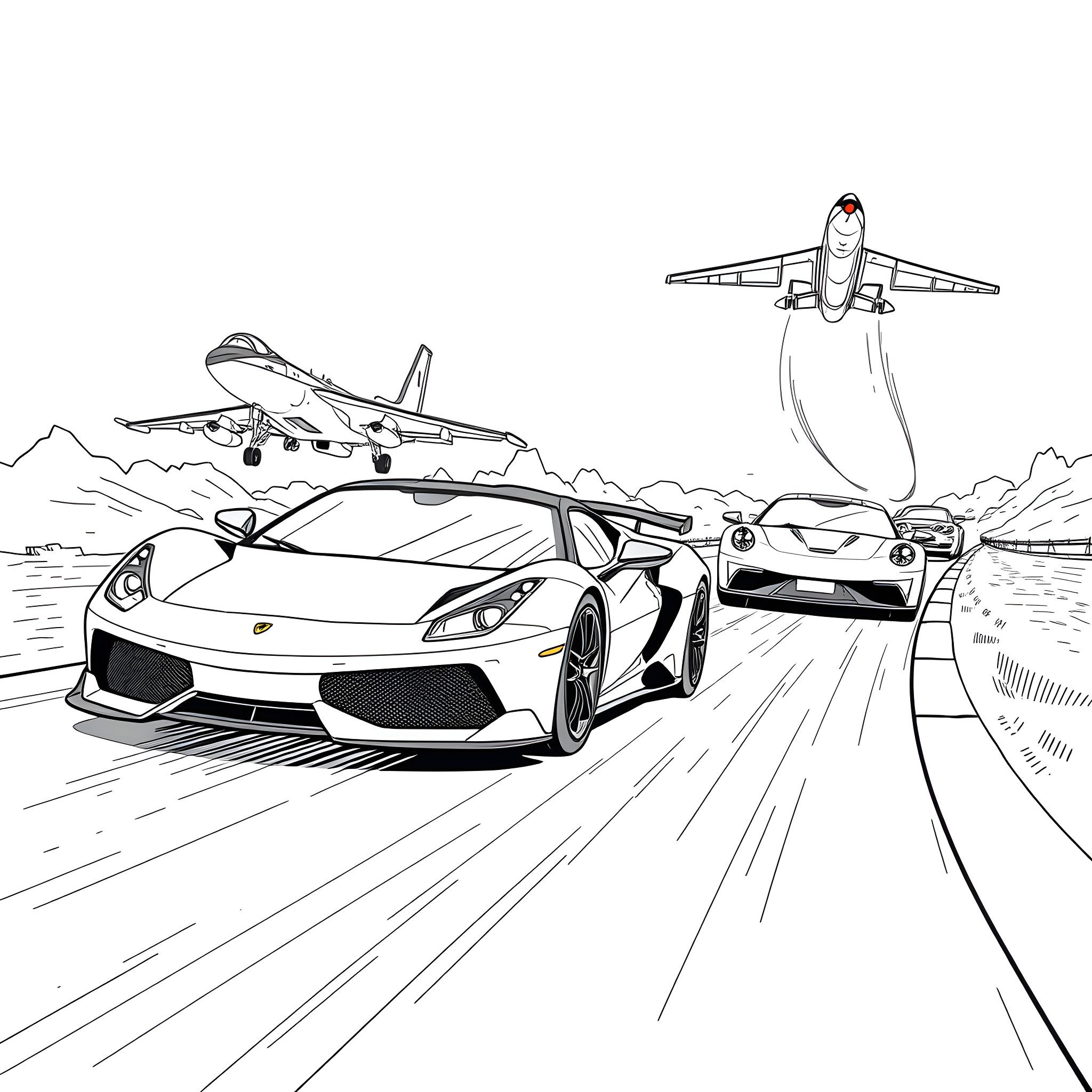 Car racing down runway with fighter jet Coloring Page (free black-and-white line drawing printable PDF for all, from beginners to advanced learners, including children, teens, adults, and seniors)
