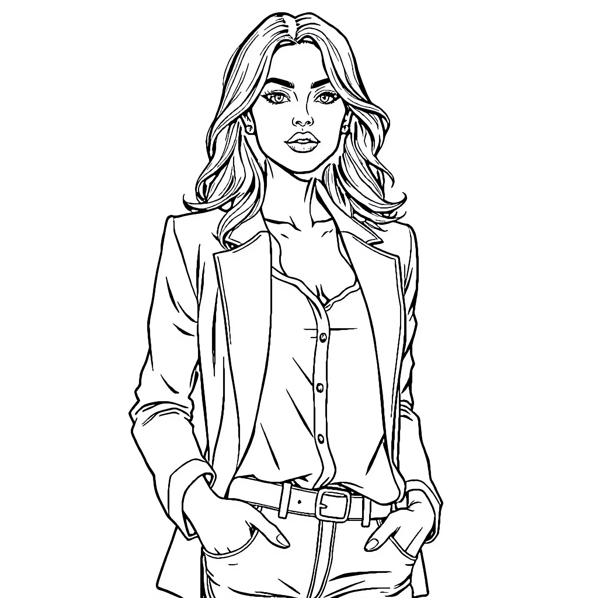 Woman in business attire with serious expression Coloring Page (free black-and-white line drawing printable PDF for all, from beginners to advanced learners, including children, teens, adults, and seniors)