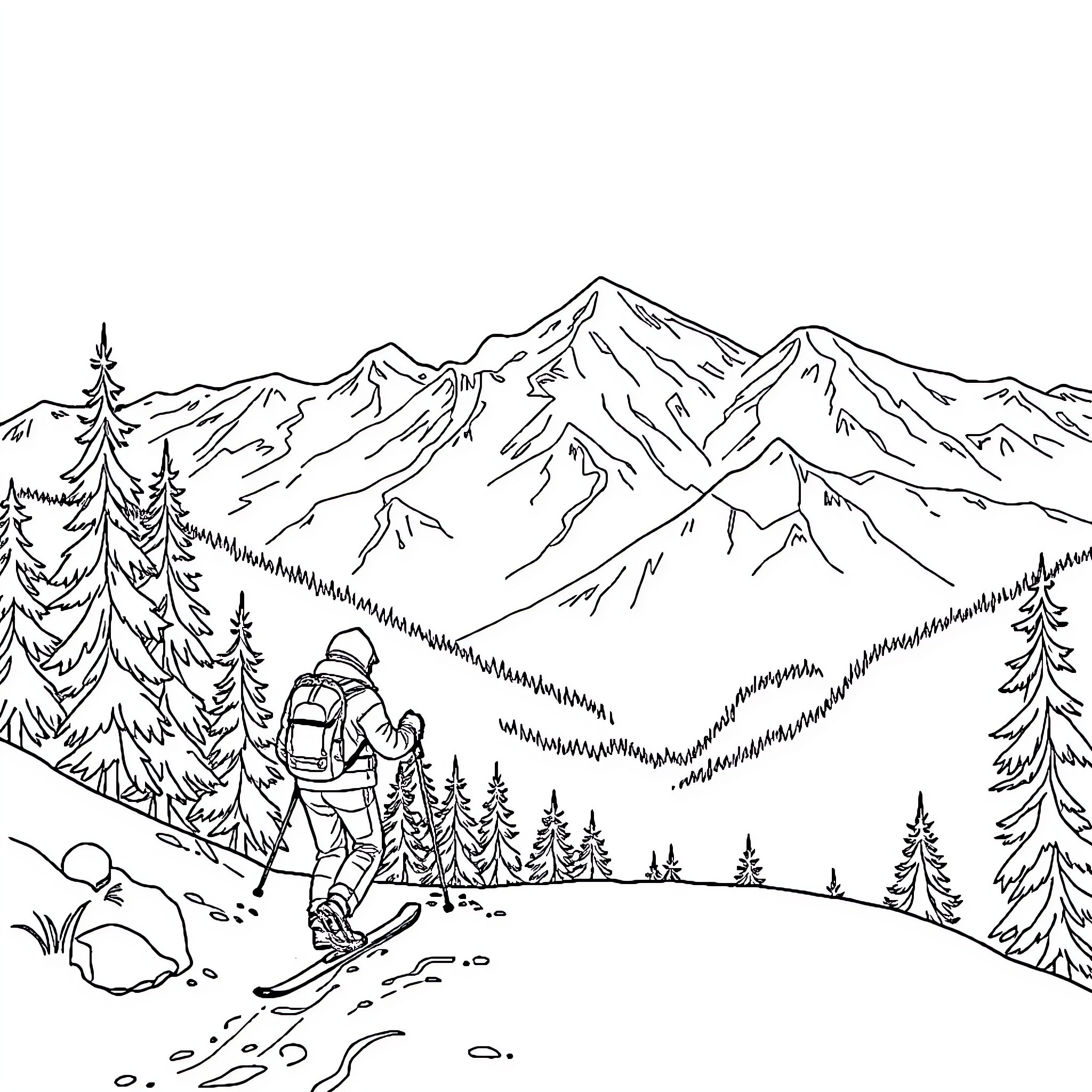 Ski adventurer exploring snow-capped mountain landscape Coloring Page (free black-and-white line drawing printable PDF for all, from beginners to advanced learners, including children, teens, adults, and seniors)