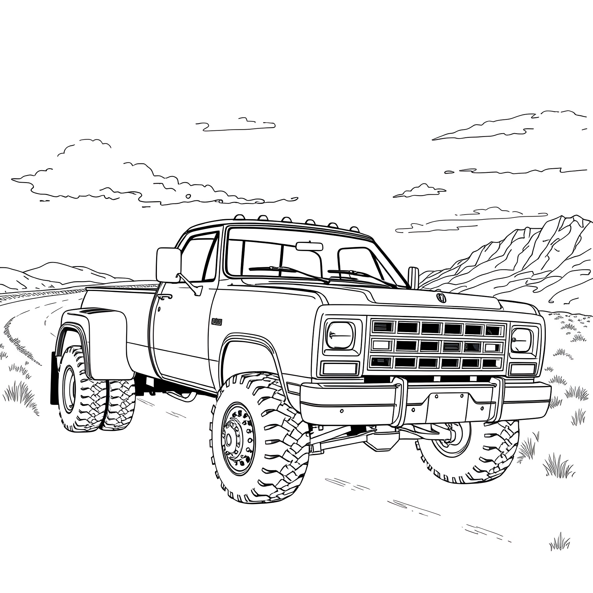 Dodge Dually Rugged Offroad Adventure Coloring Page (free black-and-white line drawing printable PDF for all, from beginners to advanced learners, including children, teens, adults, and seniors)