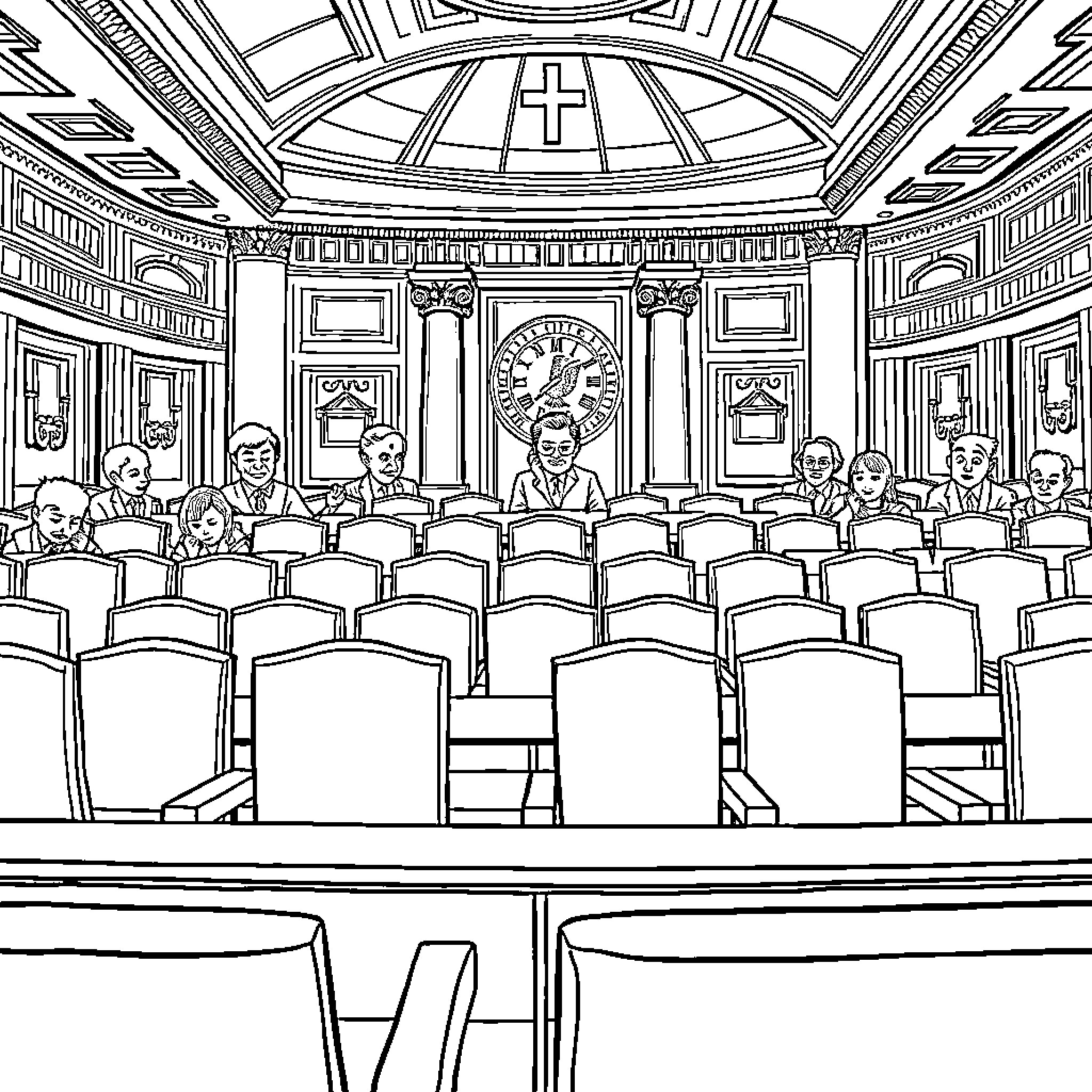 House of representatives holding a formal meeting Coloring Page (free black-and-white line drawing printable PDF for all, from beginners to advanced learners, including children, teens, adults, and seniors)