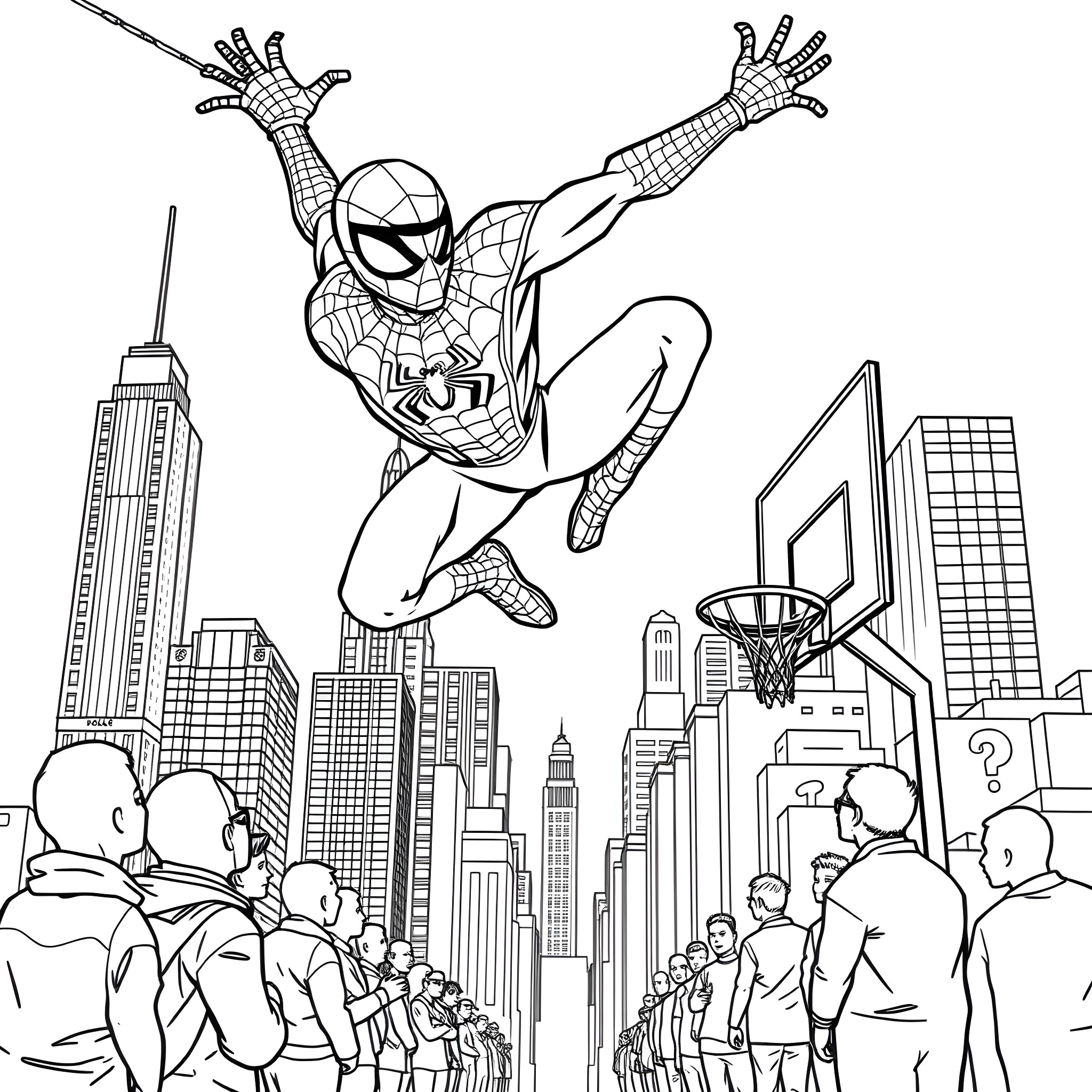 Spider-Man swinging through the city skyline Coloring Page (free black-and-white line drawing printable PDF for all, from beginners to advanced learners, including children, teens, adults, and seniors)