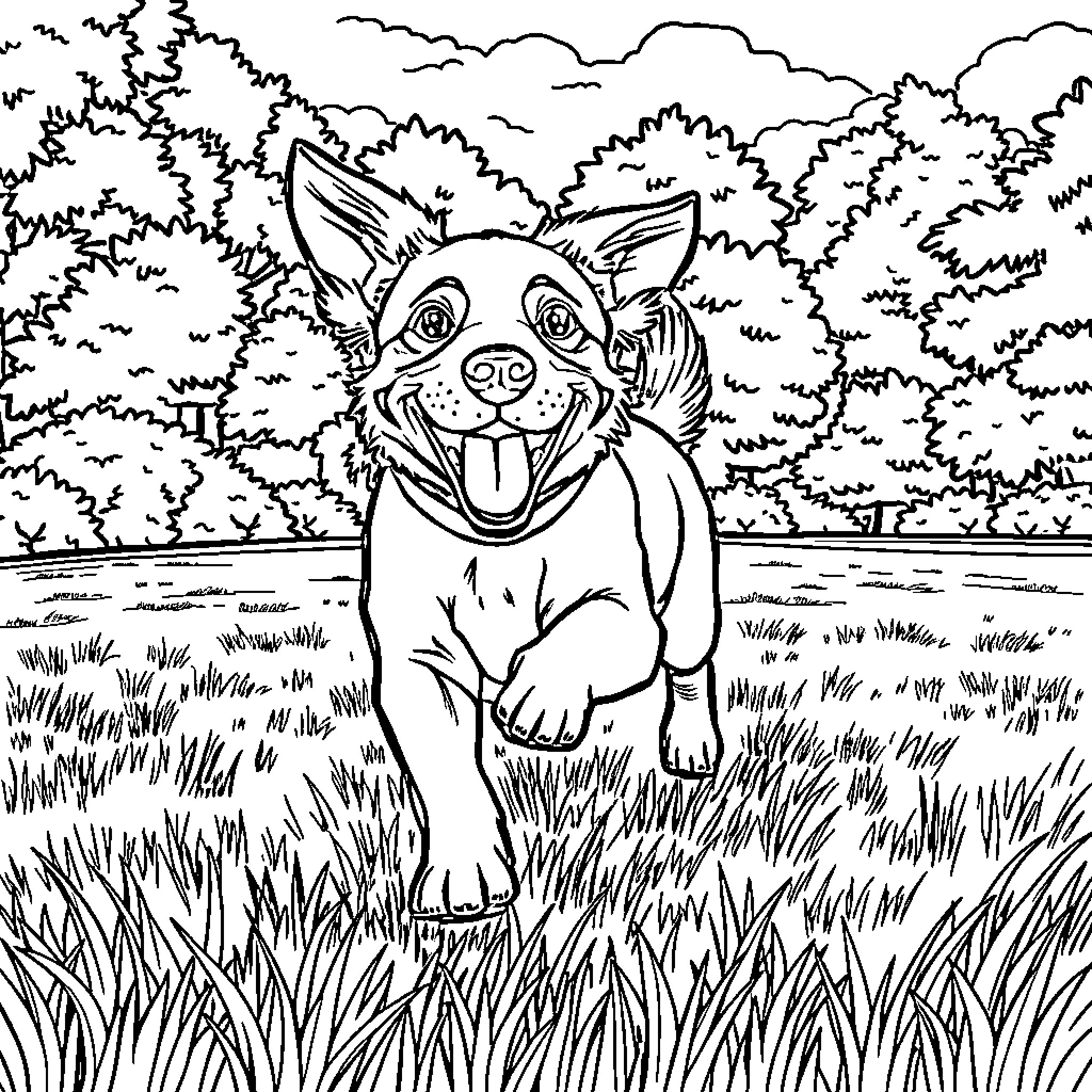 Dog exploring the lush forest landscape Coloring Page (free black-and-white line drawing printable PDF for all, from beginners to advanced learners, including children, teens, adults, and seniors)