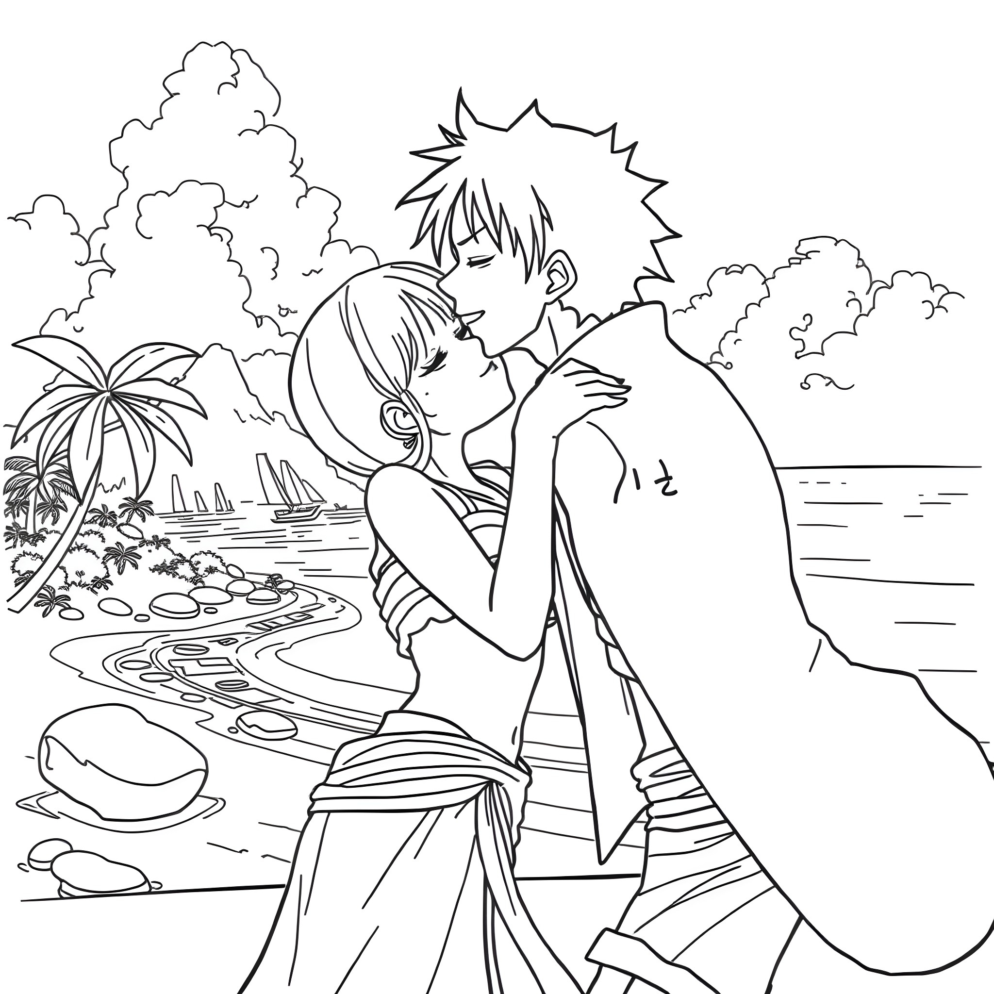 Luffy embracing Nami on a tropical beach Coloring Page (free black-and-white line drawing printable PDF for all, from beginners to advanced learners, including children, teens, adults, and seniors)