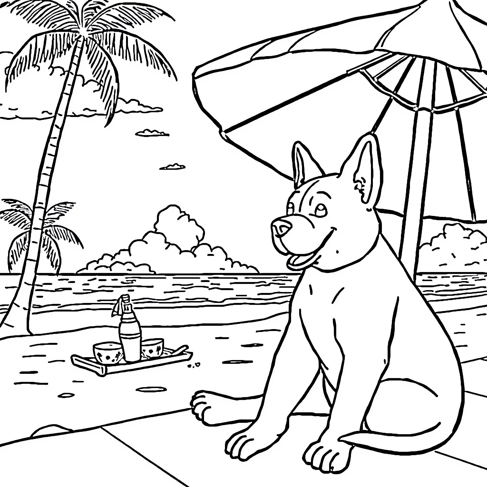 Labubu's Day at the Beach Coloring Page (free black-and-white line drawing printable PDF for all, from beginners to advanced learners, including children, teens, adults, and seniors)