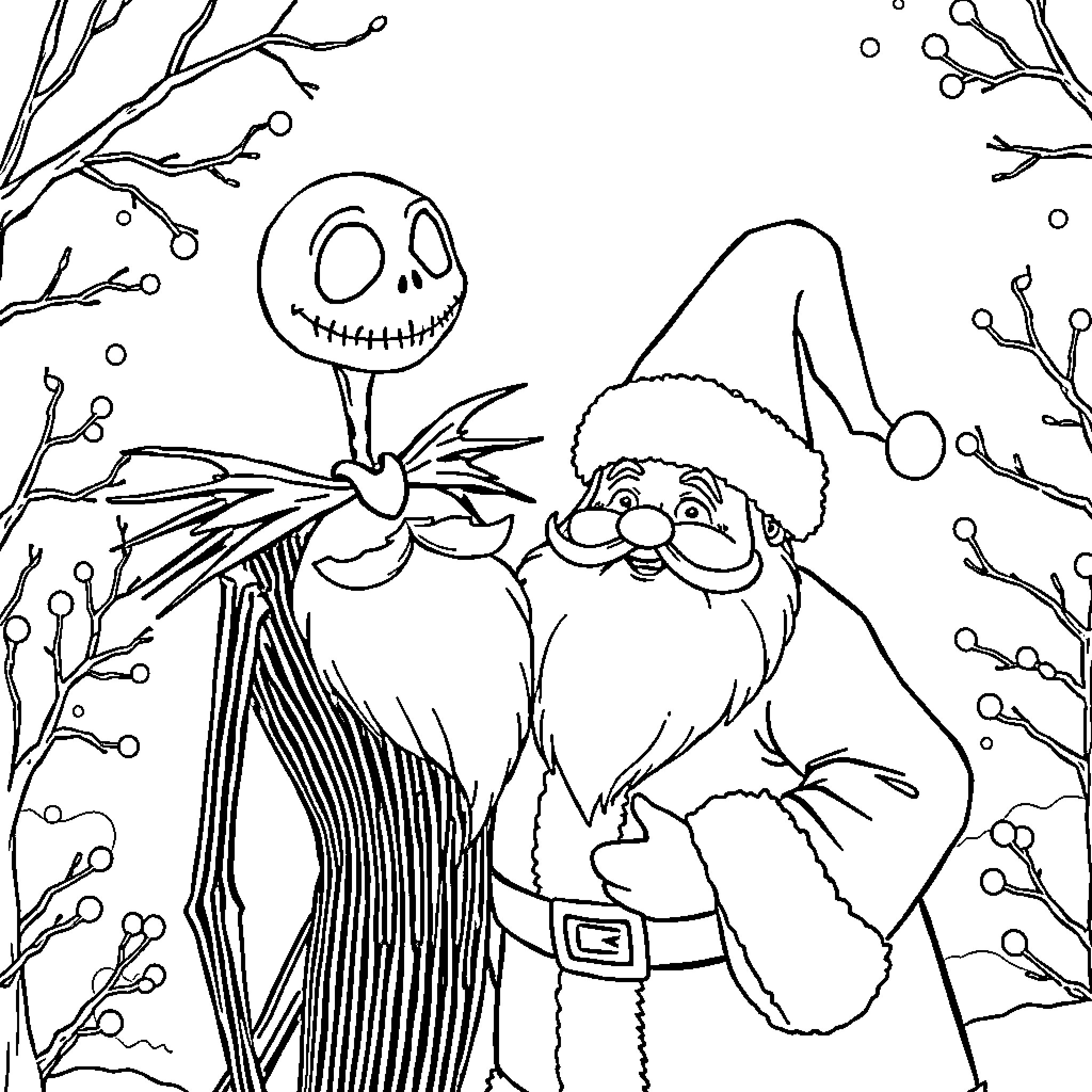 Jack Skellington and Santa Claus in winter wonderland Coloring Page (free black-and-white line drawing printable PDF for all, from beginners to advanced learners, including children, teens, adults, and seniors)