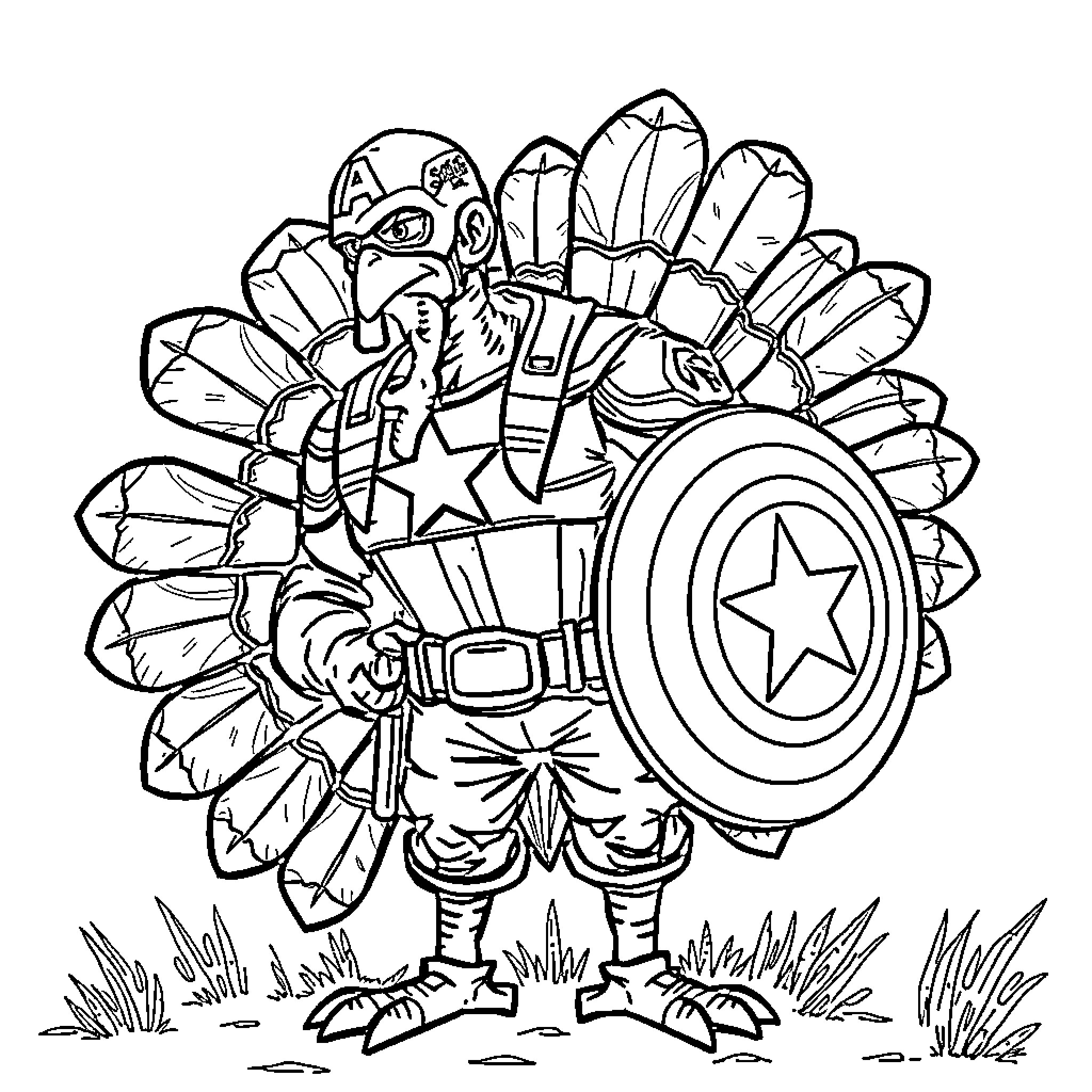 Turkey superhero with Captain America shield Coloring Page (free black-and-white line drawing printable PDF for all, from beginners to advanced learners, including children, teens, adults, and seniors)