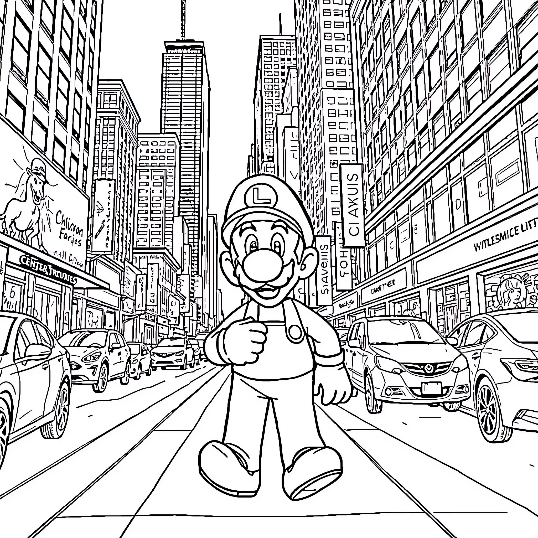 Luigi's Adventure in the City Coloring Page (free black-and-white line drawing printable PDF for all, from beginners to advanced learners, including children, teens, adults, and seniors)