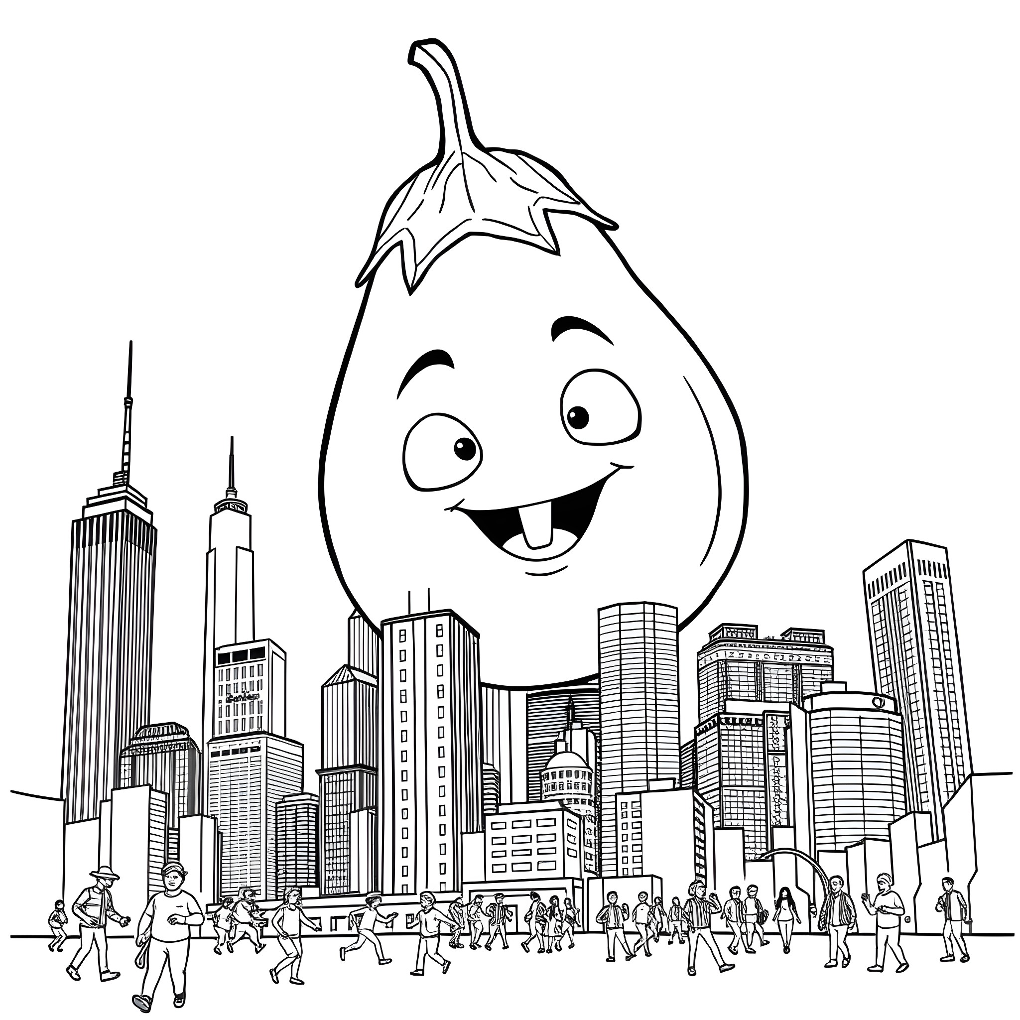 Eggplant character exploring a bustling city Coloring Page (free black-and-white line drawing printable PDF for all, from beginners to advanced learners, including children, teens, adults, and seniors)