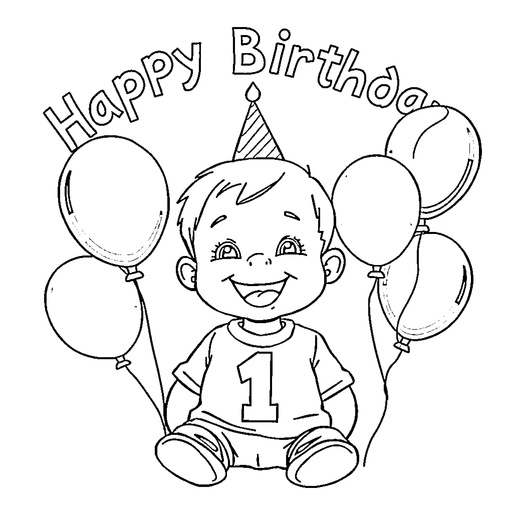 Dude celebrating his first birthday with balloons Coloring Page (free black-and-white line drawing printable PDF for all, from beginners to advanced learners, including children, teens, adults, and seniors)