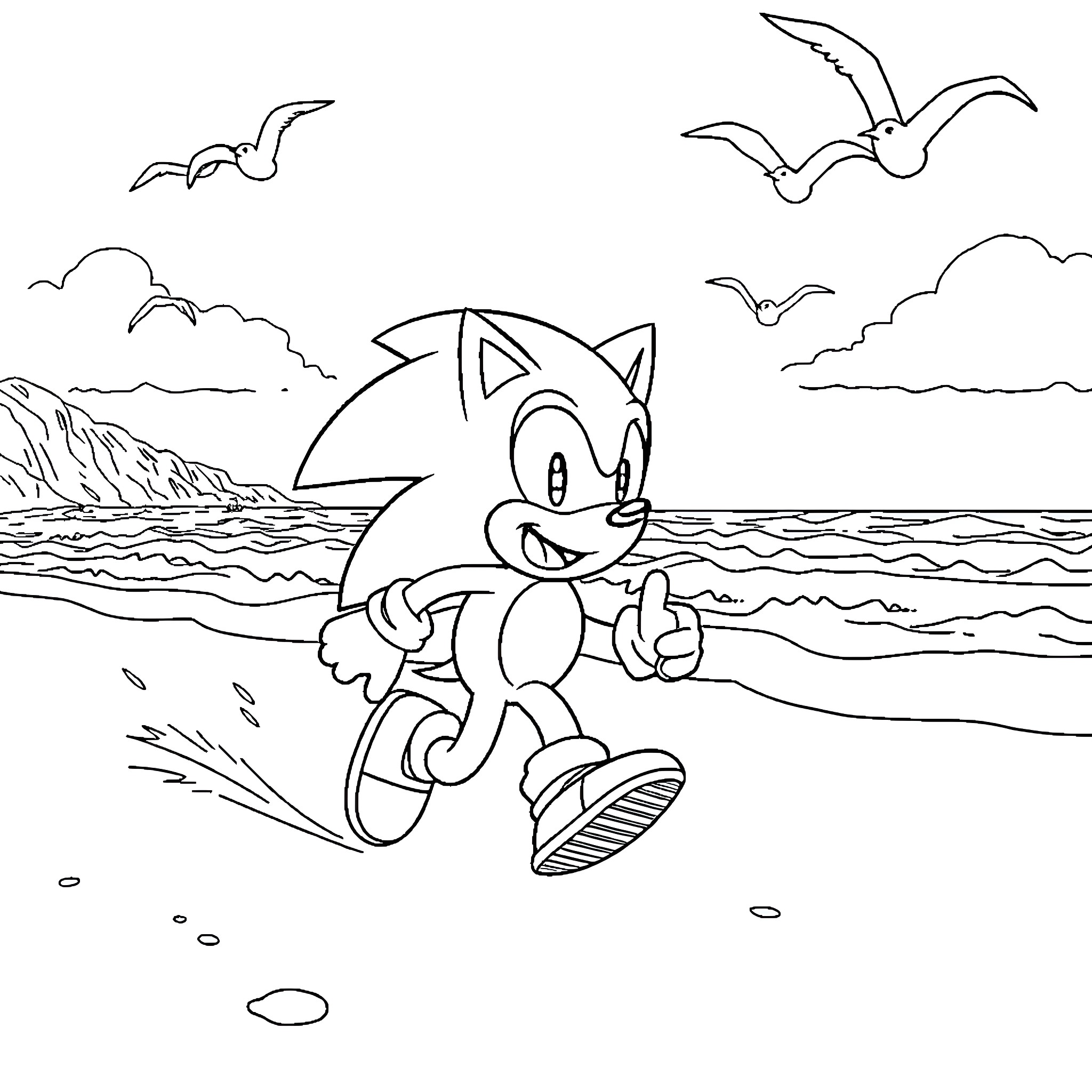 Sonic enjoying the beach scenery Coloring Page (free black-and-white line drawing printable PDF for all, from beginners to advanced learners, including children, teens, adults, and seniors)