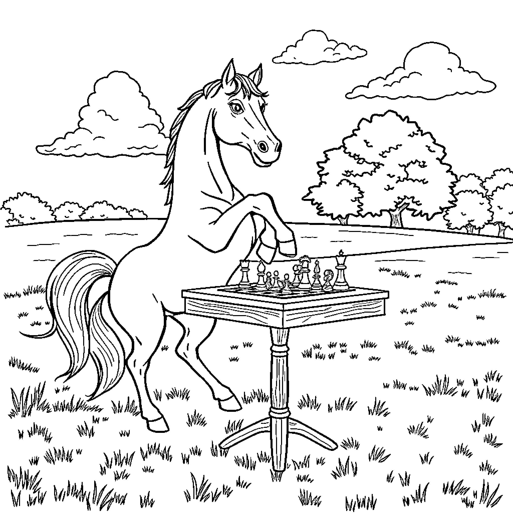 Horse playing with chess on outdoor table Coloring Page (free black-and-white line drawing printable PDF for all, from beginners to advanced learners, including children, teens, adults, and seniors)