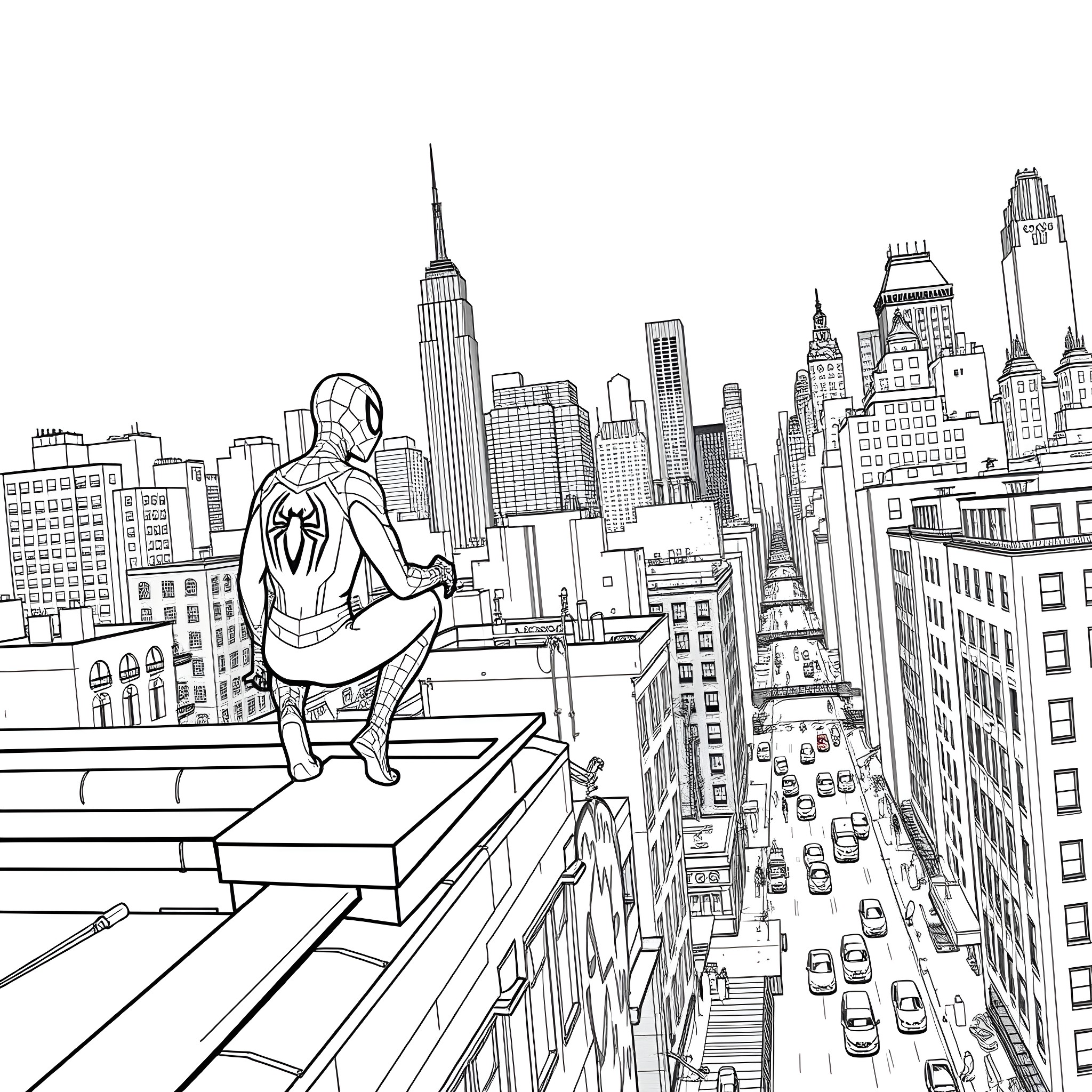 Spiderman overlooking the city skyline Coloring Page (free black-and-white line drawing printable PDF for all, from beginners to advanced learners, including children, teens, adults, and seniors)