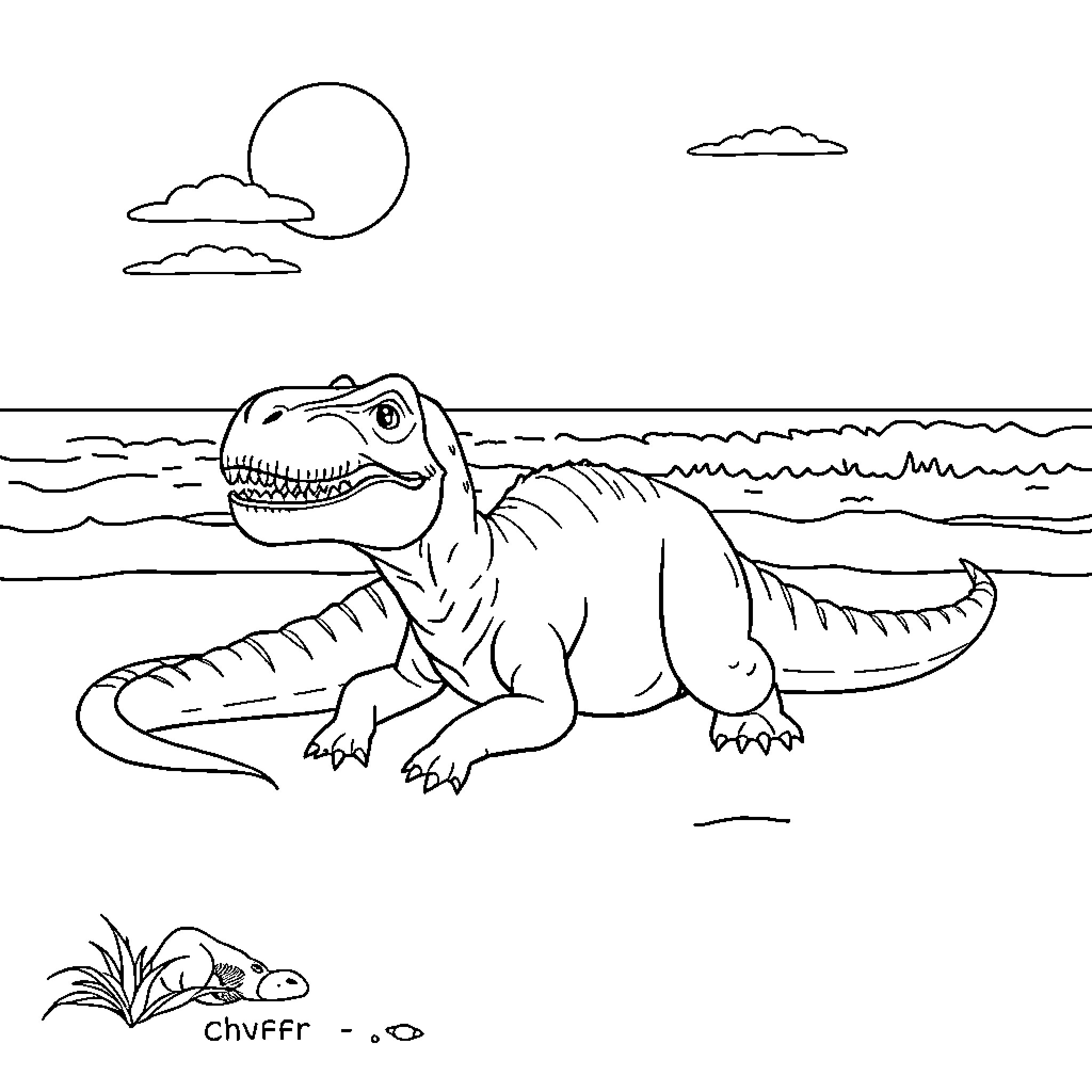 T-Rex enjoying the sun near the ocean Coloring Page (free black-and-white line drawing printable PDF for all, from beginners to advanced learners, including children, teens, adults, and seniors)