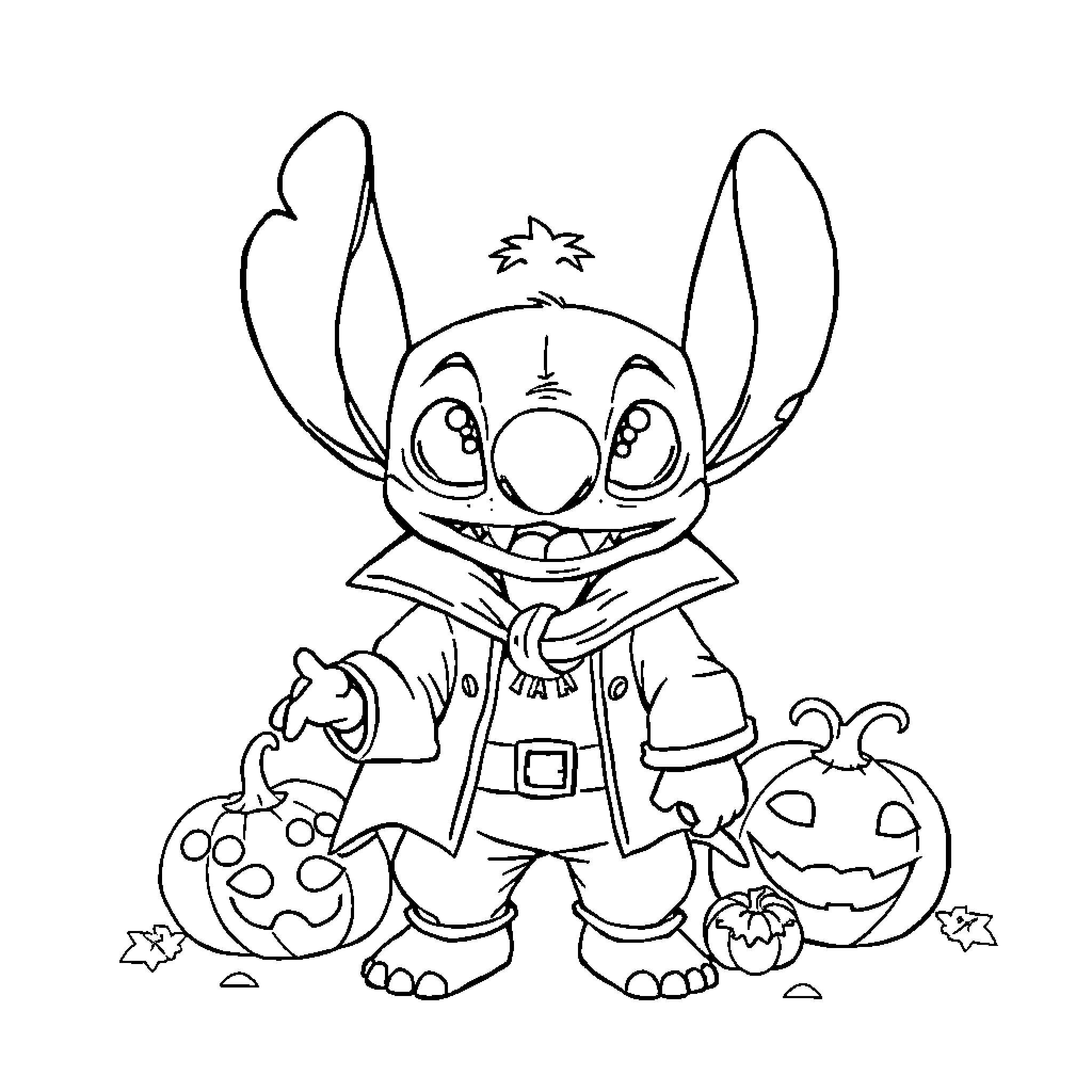 Stitch in Halloween Costume with Pumpkins Coloring Page (free black-and-white line drawing printable PDF for all, from beginners to advanced learners, including children, teens, adults, and seniors)