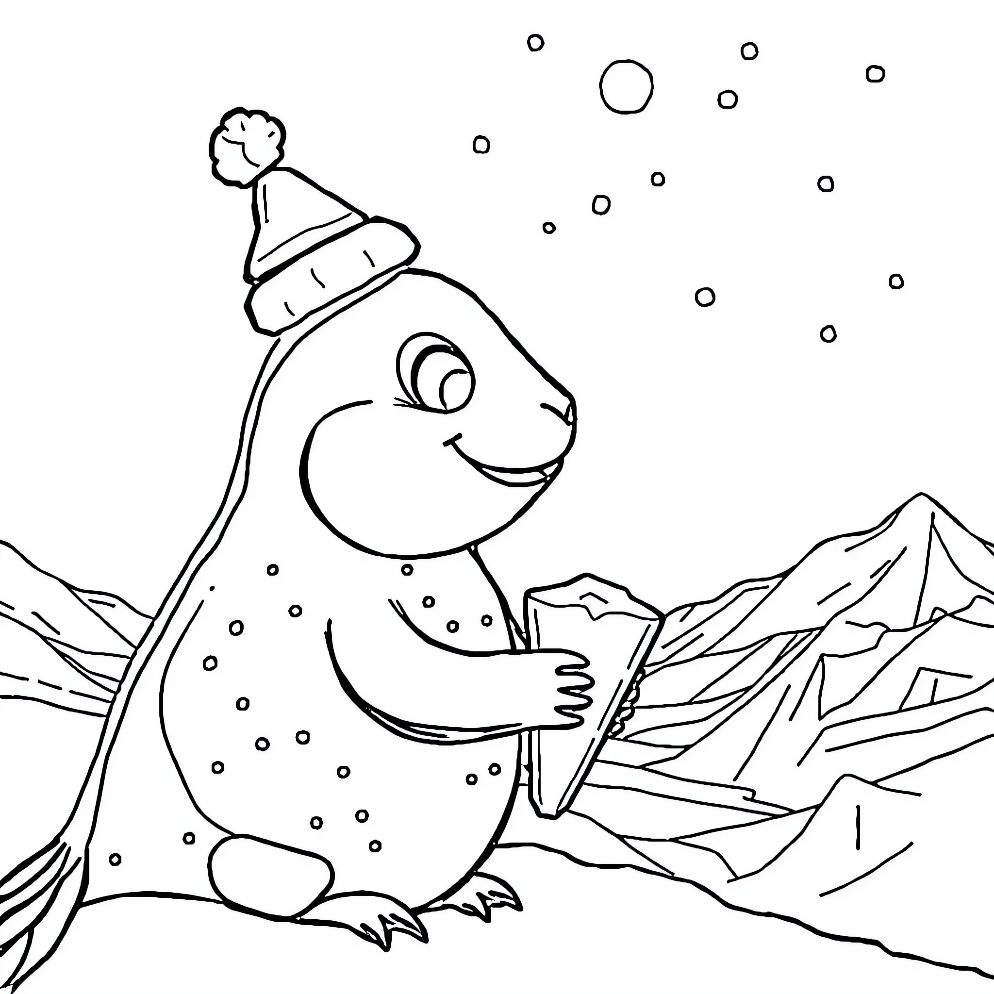 Salamander playing in the snowy mountains Coloring Page (free black-and-white line drawing printable PDF for all, from beginners to advanced learners, including children, teens, adults, and seniors)