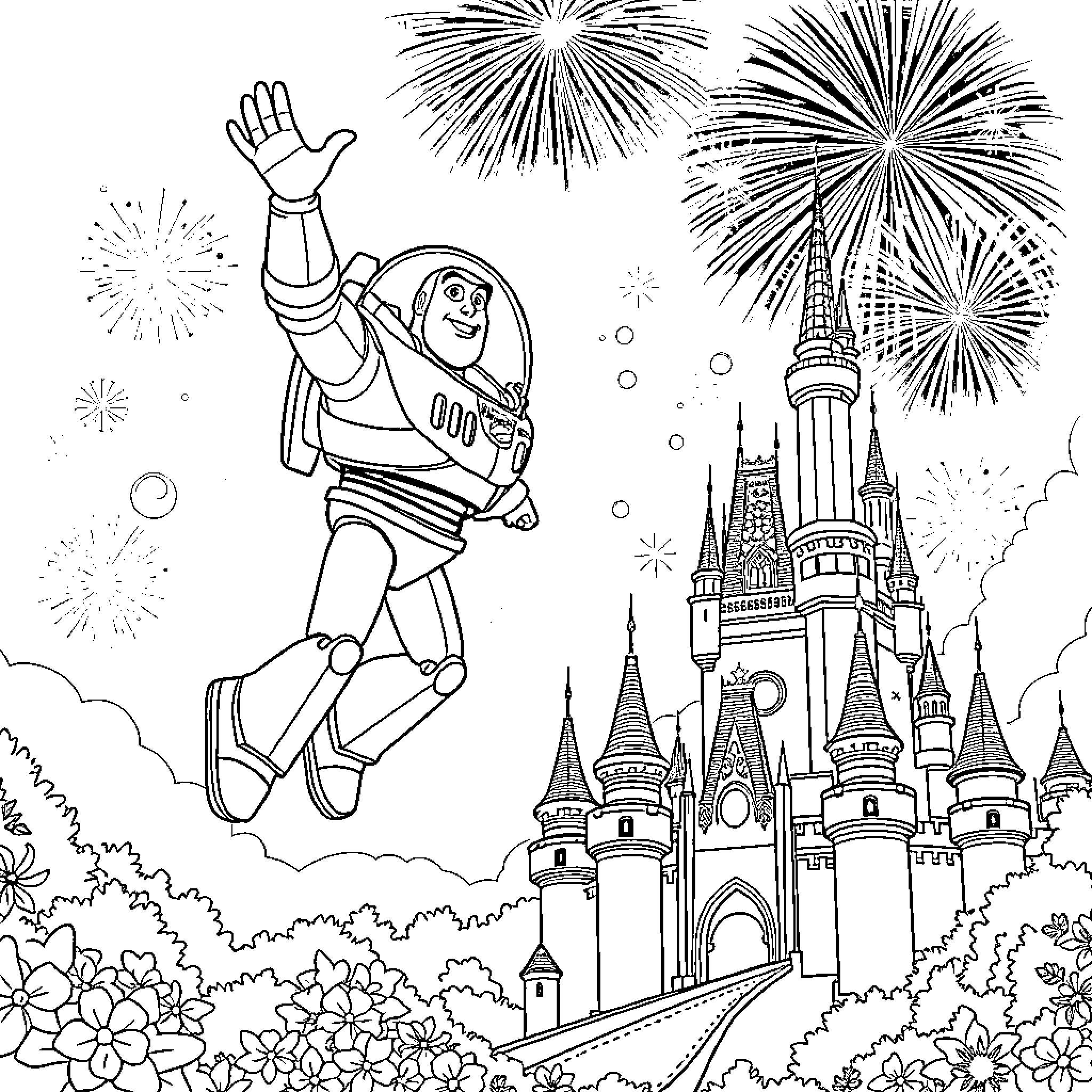 Buzz Lightyear flying over a magical castle with fireworks Coloring Page (free black-and-white line drawing printable PDF for all, from beginners to advanced learners, including children, teens, adults, and seniors)
