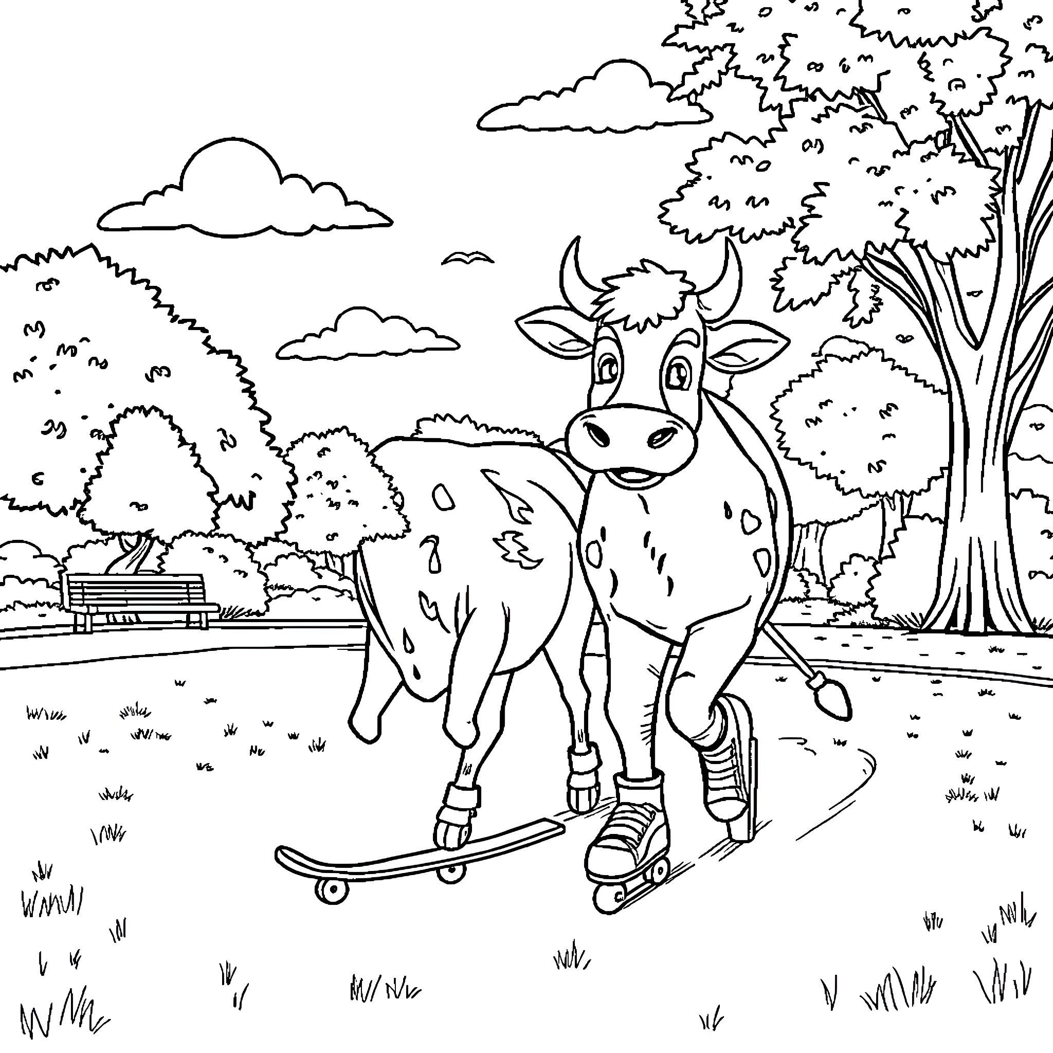 Damien McKenzie's Cow Skateboarding Adventure Coloring Page (free black-and-white line drawing printable PDF for all, from beginners to advanced learners, including children, teens, adults, and seniors)