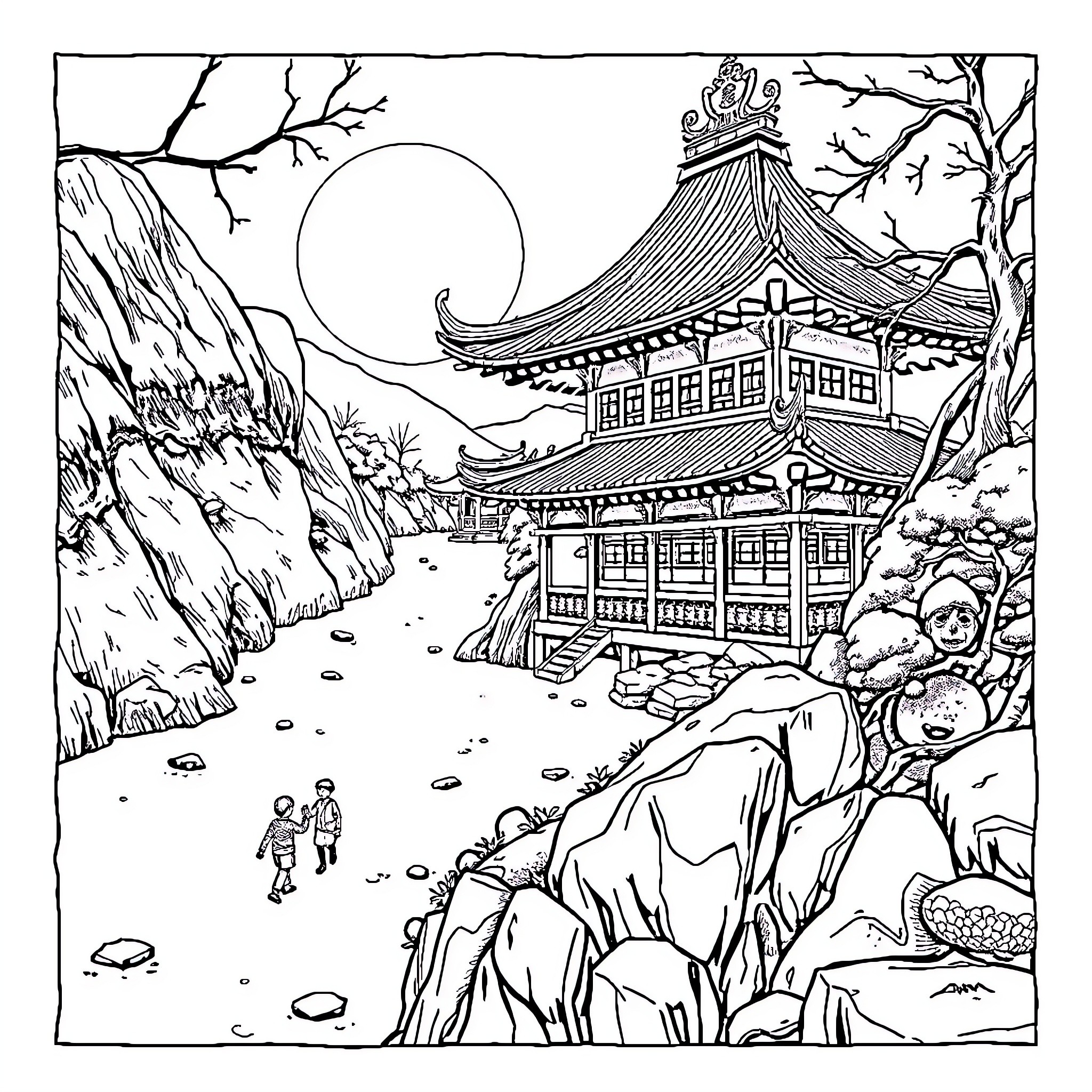 Spider-Man explores traditional Japanese temple in winter landscape Coloring Page (free black-and-white line drawing printable PDF for all, from beginners to advanced learners, including children, teens, adults, and seniors)