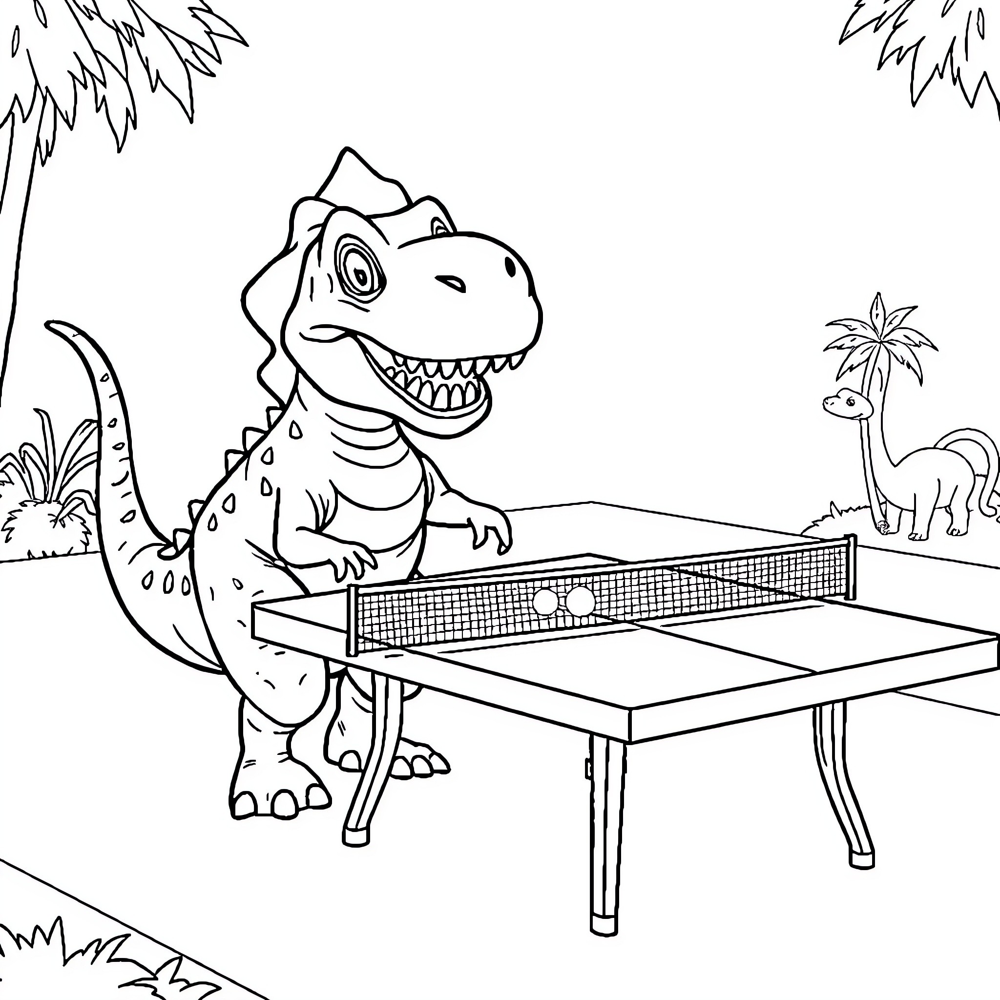 Dinosaur playing table tennis in tropical setting Coloring Page (free black-and-white line drawing printable PDF for all, from beginners to advanced learners, including children, teens, adults, and seniors)