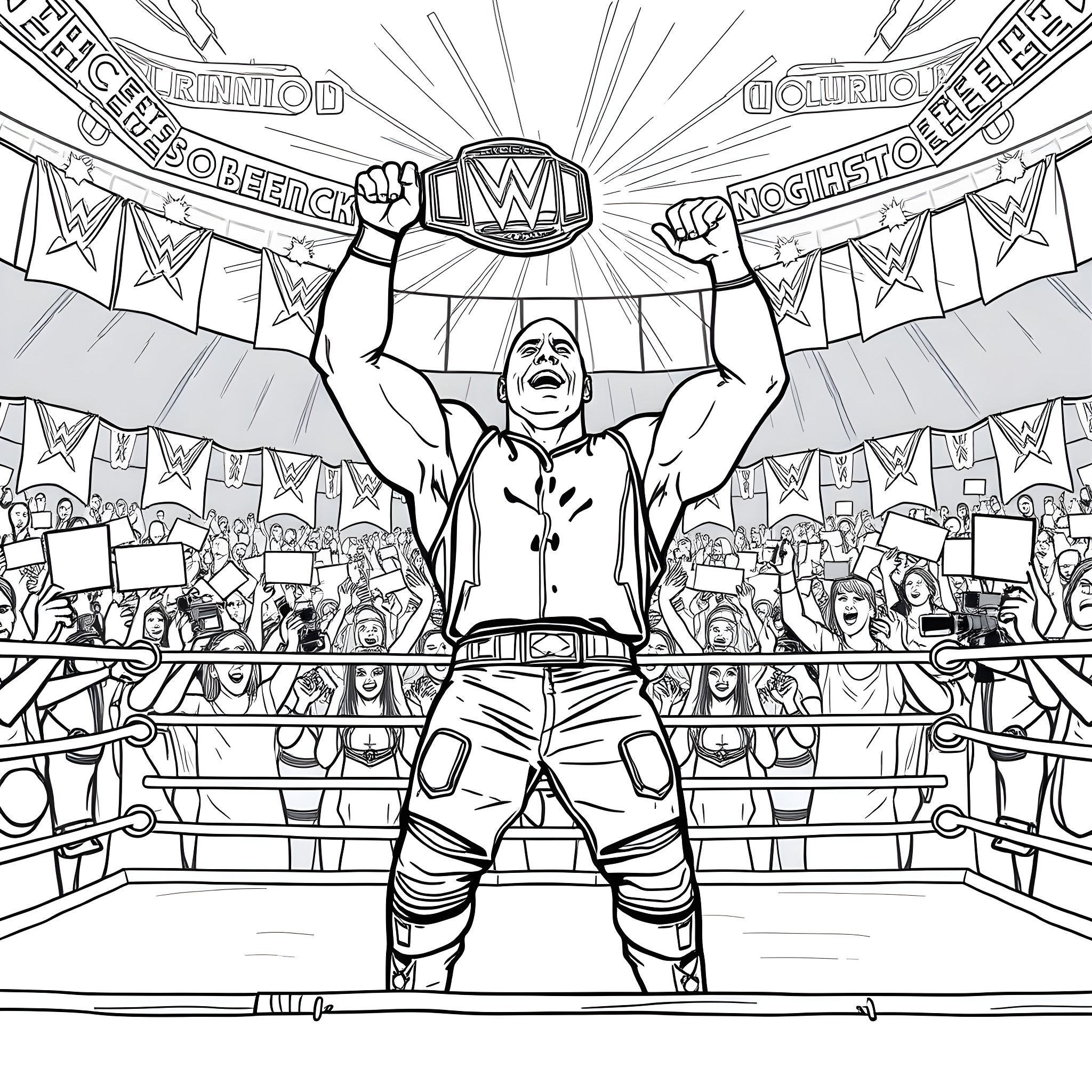 Rock Wrestler celebrating victory in the ring Coloring Page (free black-and-white line drawing printable PDF for all, from beginners to advanced learners, including children, teens, adults, and seniors)