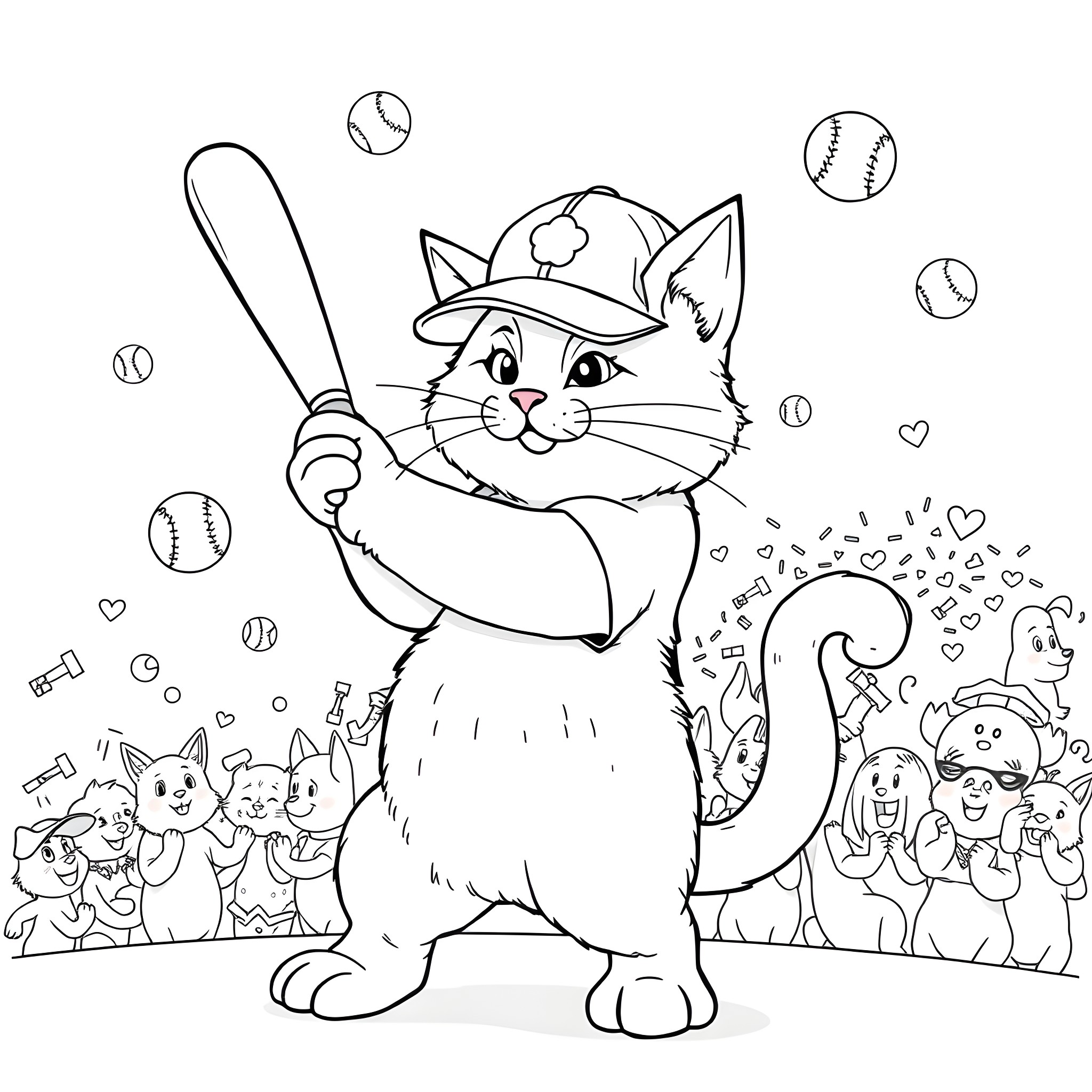 Cat playing baseball with animal friends Coloring Page (free black-and-white line drawing printable PDF for all, from beginners to advanced learners, including children, teens, adults, and seniors)