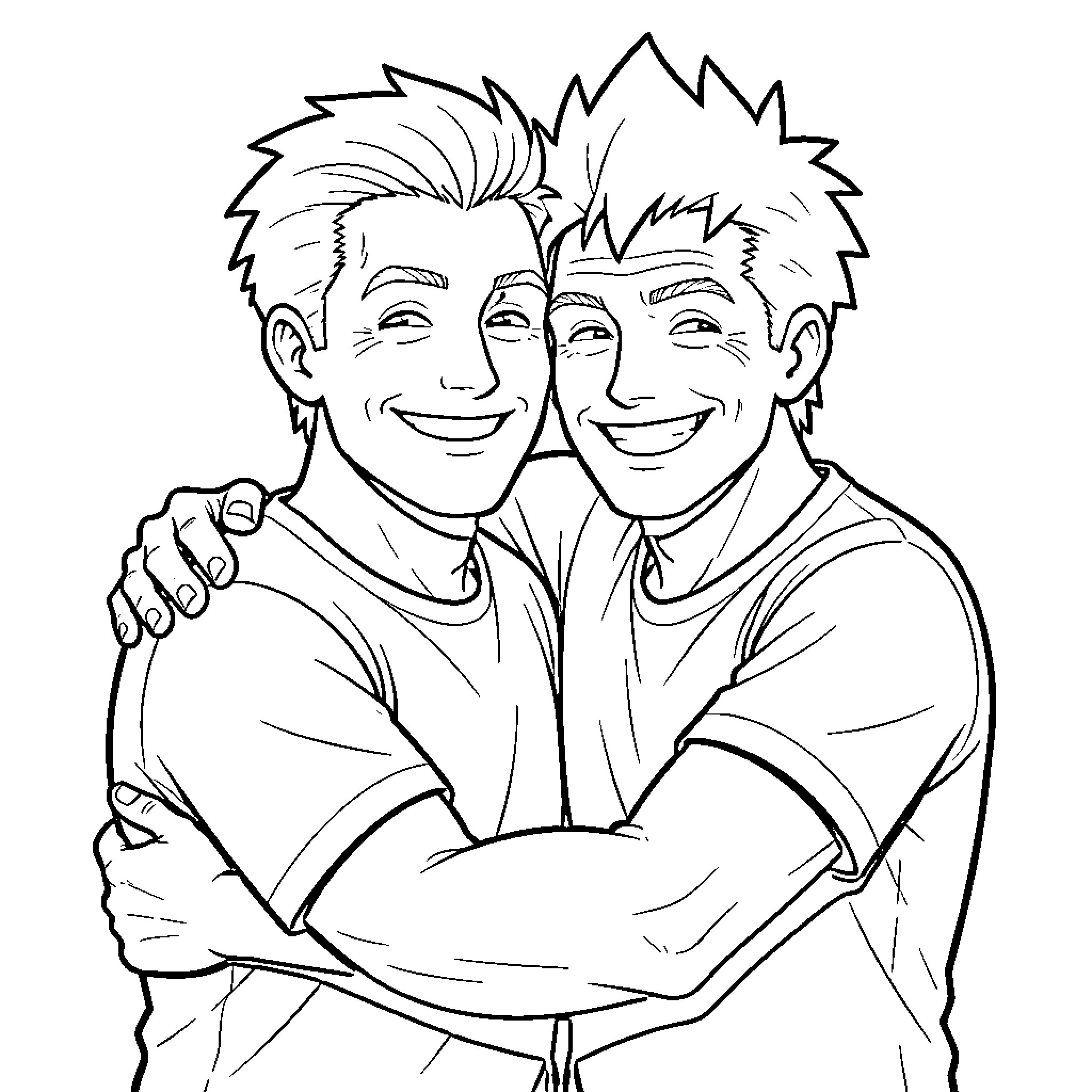Carl and his friend hugging each other happily Coloring Page (free black-and-white line drawing printable PDF for all, from beginners to advanced learners, including children, teens, adults, and seniors)