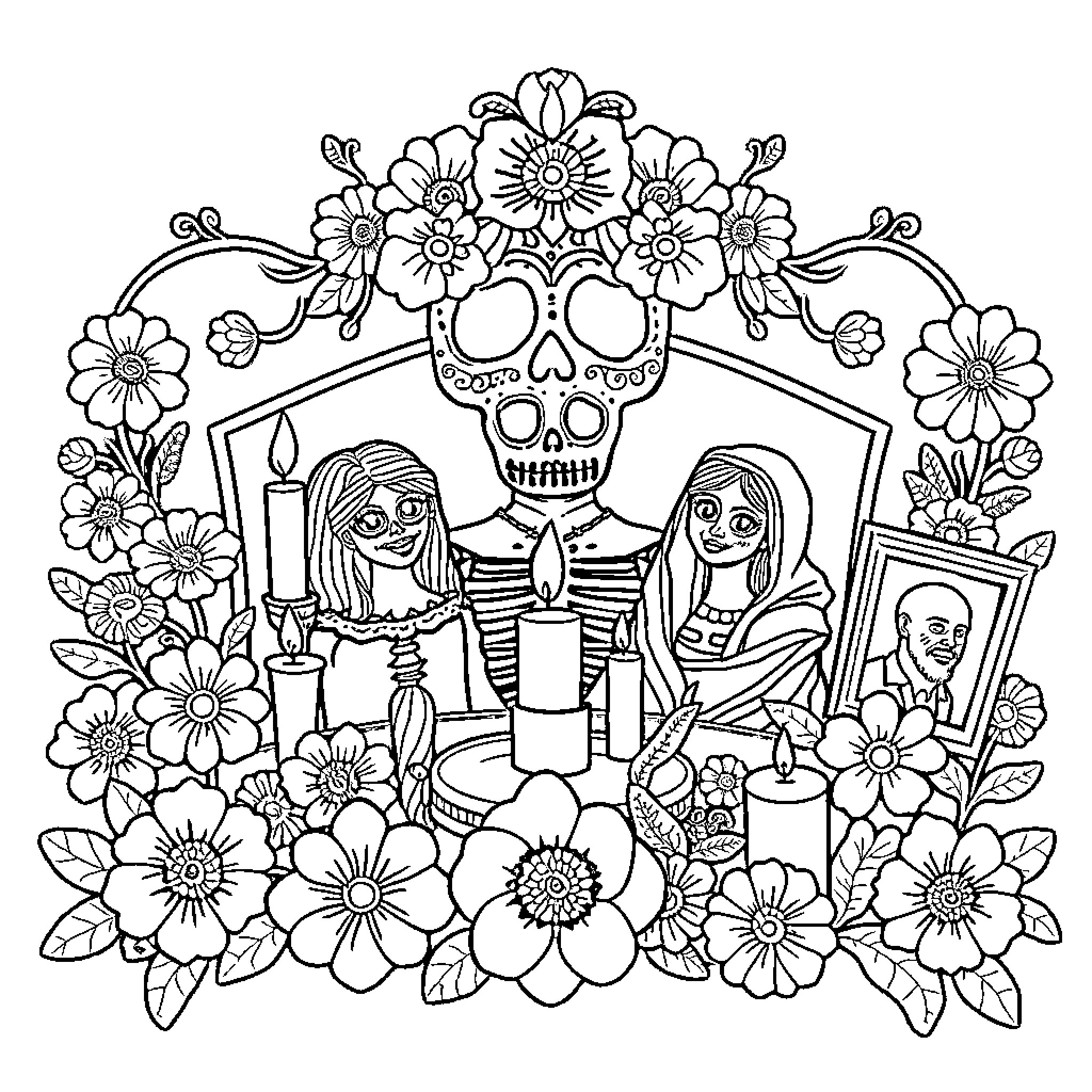 Ofrenda of Festive Figures and Floral Decorations Coloring Page (free black-and-white line drawing printable PDF for all, from beginners to advanced learners, including children, teens, adults, and seniors)