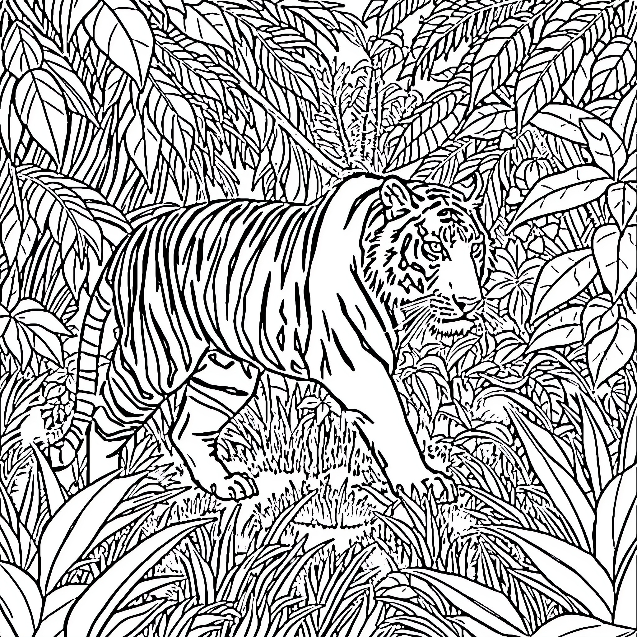 Tiger Prowling Through Lush Jungle Foliage Coloring Page (free black-and-white line drawing printable PDF for all, from beginners to advanced learners, including children, teens, adults, and seniors)