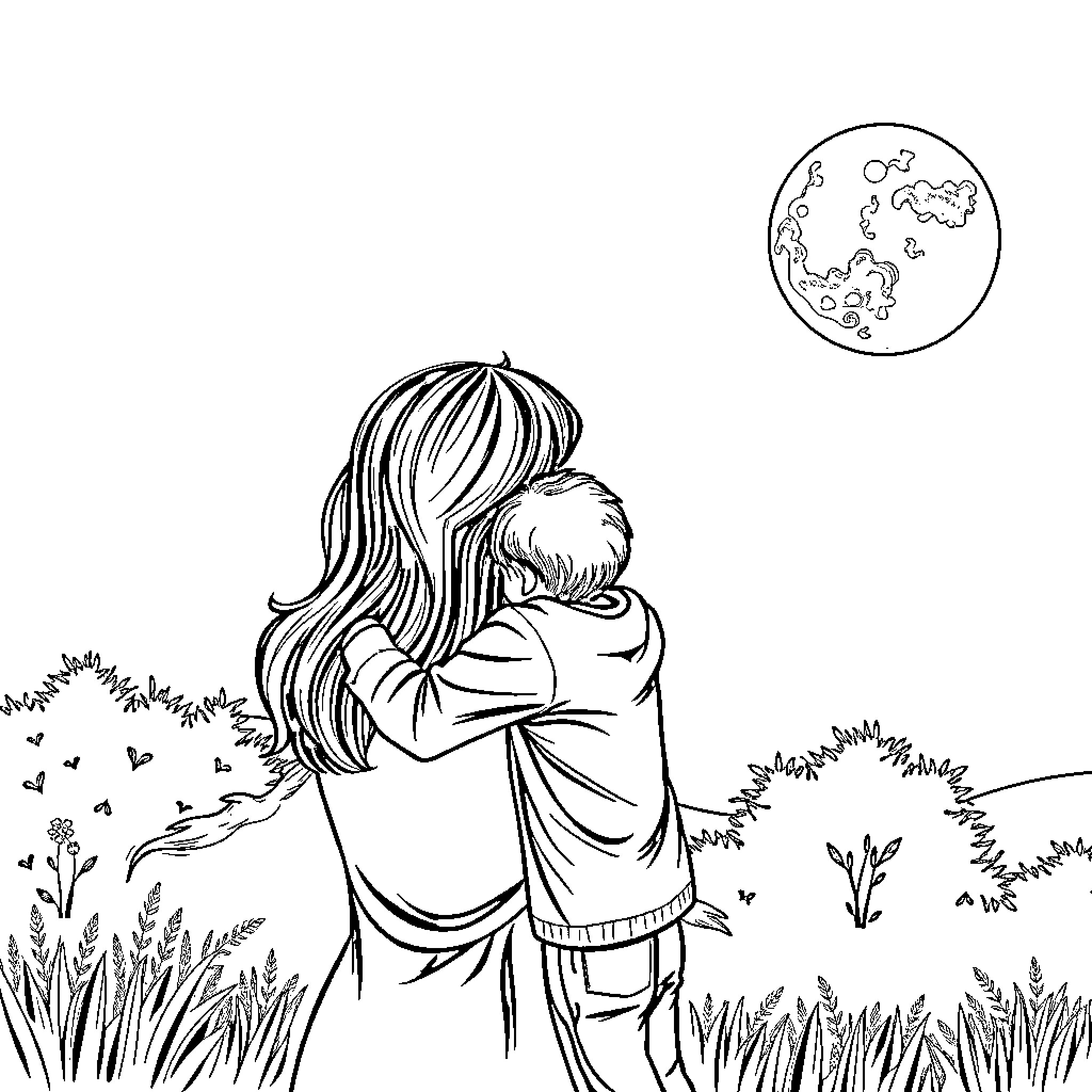 Mother Comforting Child Under Moonlight Coloring Page (free black-and-white line drawing printable PDF for all, from beginners to advanced learners, including children, teens, adults, and seniors)