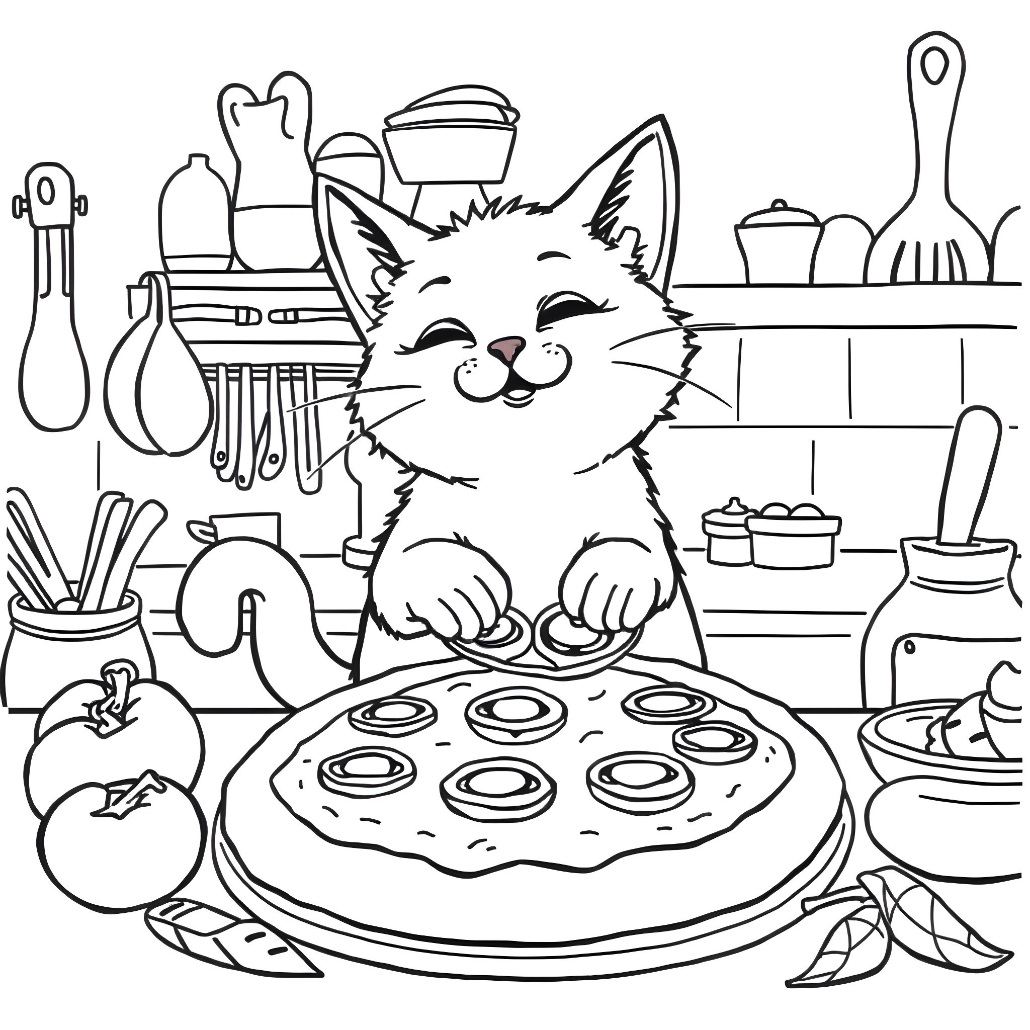 Puppycat baking a delicious pizza in the kitchen Coloring Page (free black-and-white line drawing printable PDF for all, from beginners to advanced learners, including children, teens, adults, and seniors)