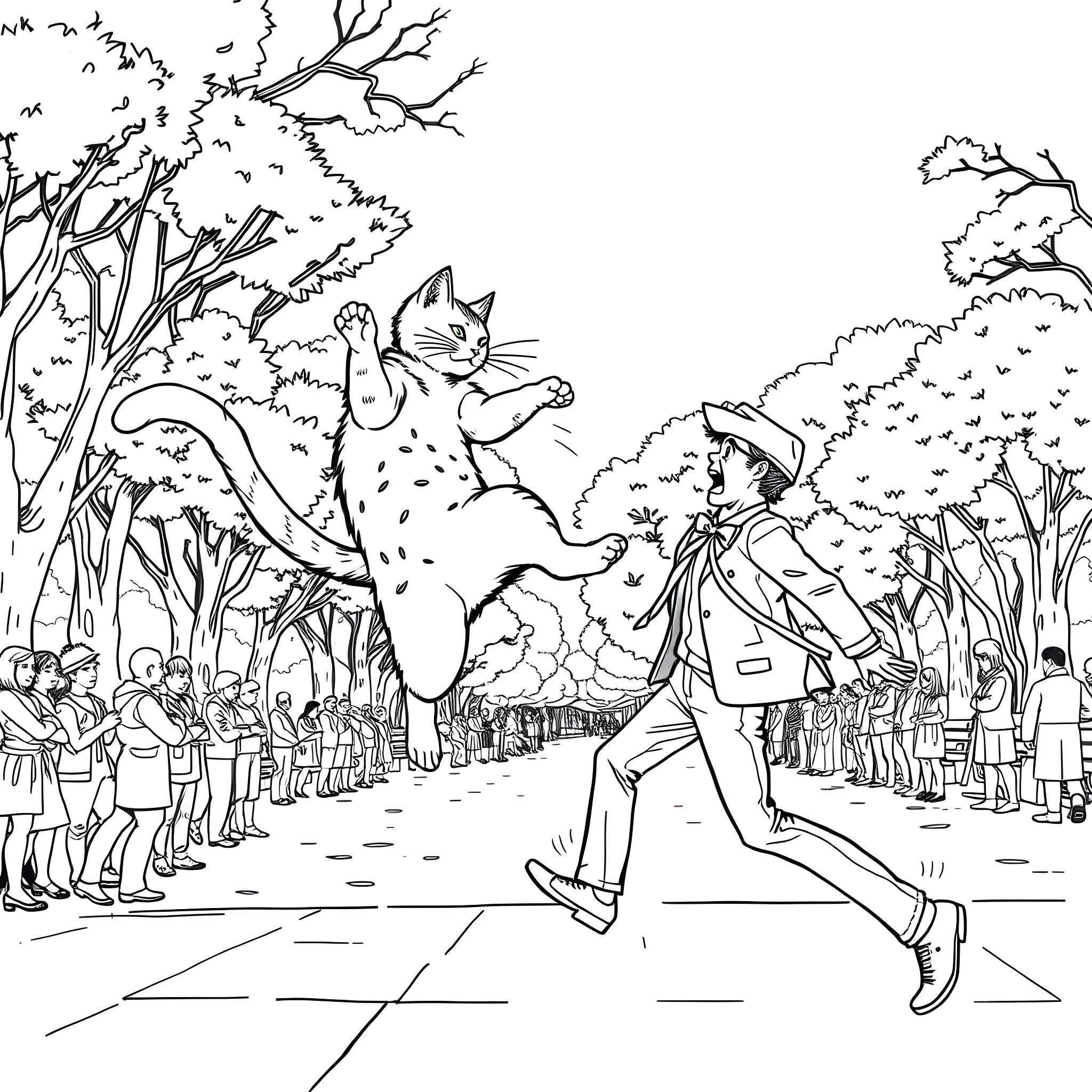 Cat chasing person in forest environment Coloring Page (free black-and-white line drawing printable PDF for all, from beginners to advanced learners, including children, teens, adults, and seniors)