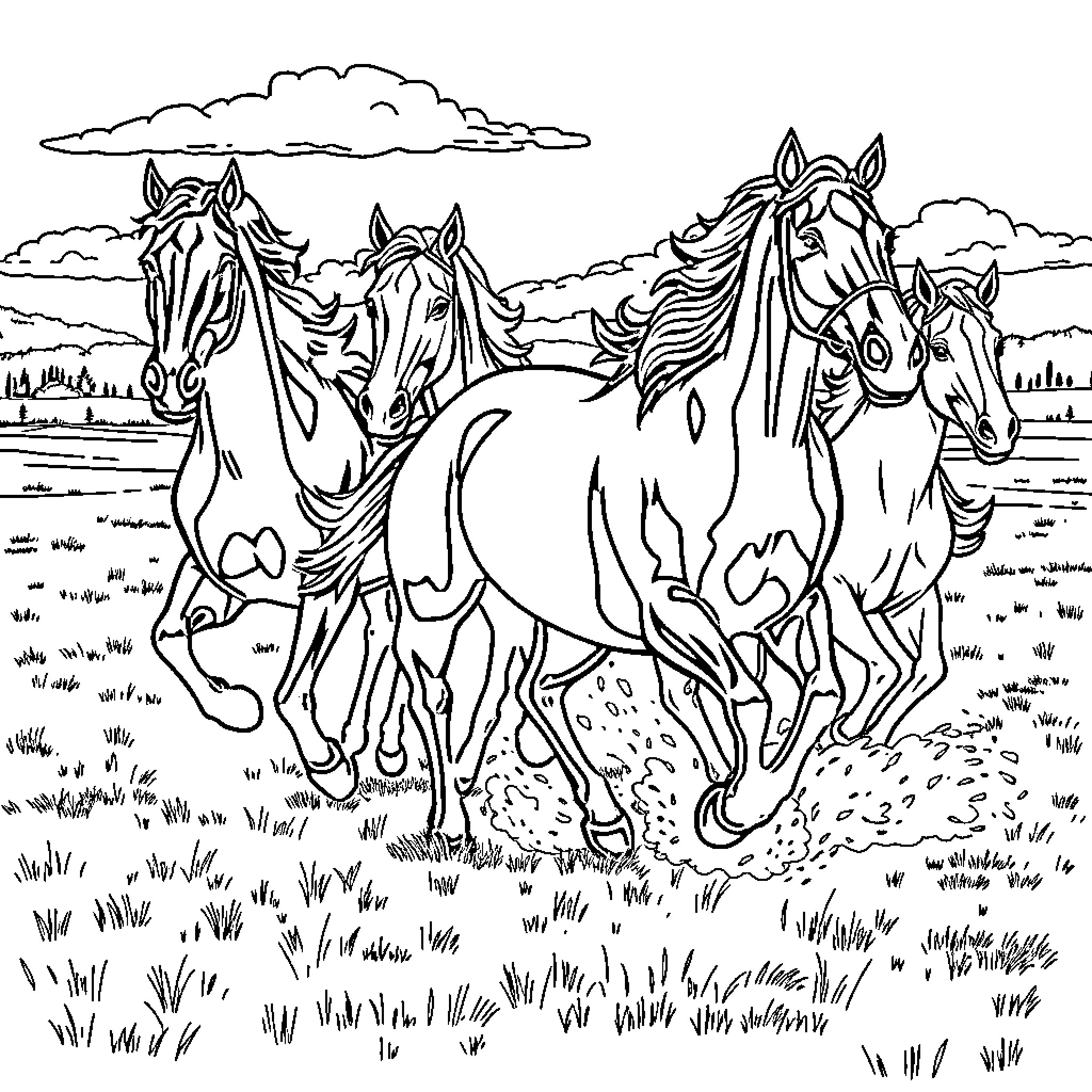 Horse herd galloping through the countryside Coloring Page (free black-and-white line drawing printable PDF for all, from beginners to advanced learners, including children, teens, adults, and seniors)