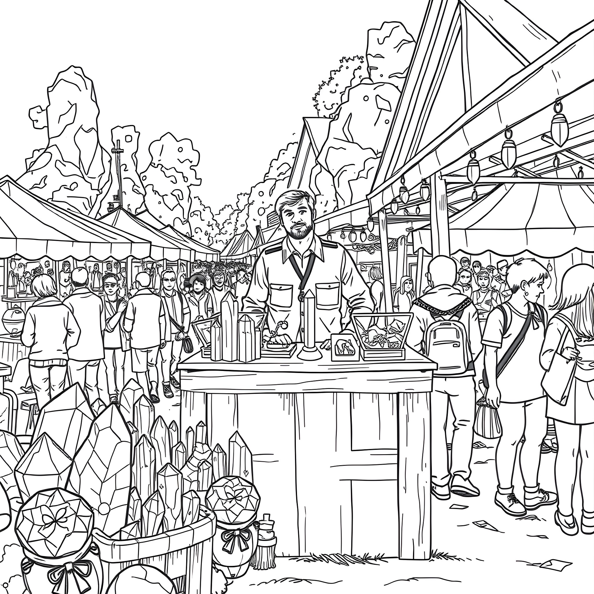 Ian Beal enjoying the sights and sounds of a vibrant festival Coloring Page (free black-and-white line drawing printable PDF for all, from beginners to advanced learners, including children, teens, adults, and seniors)