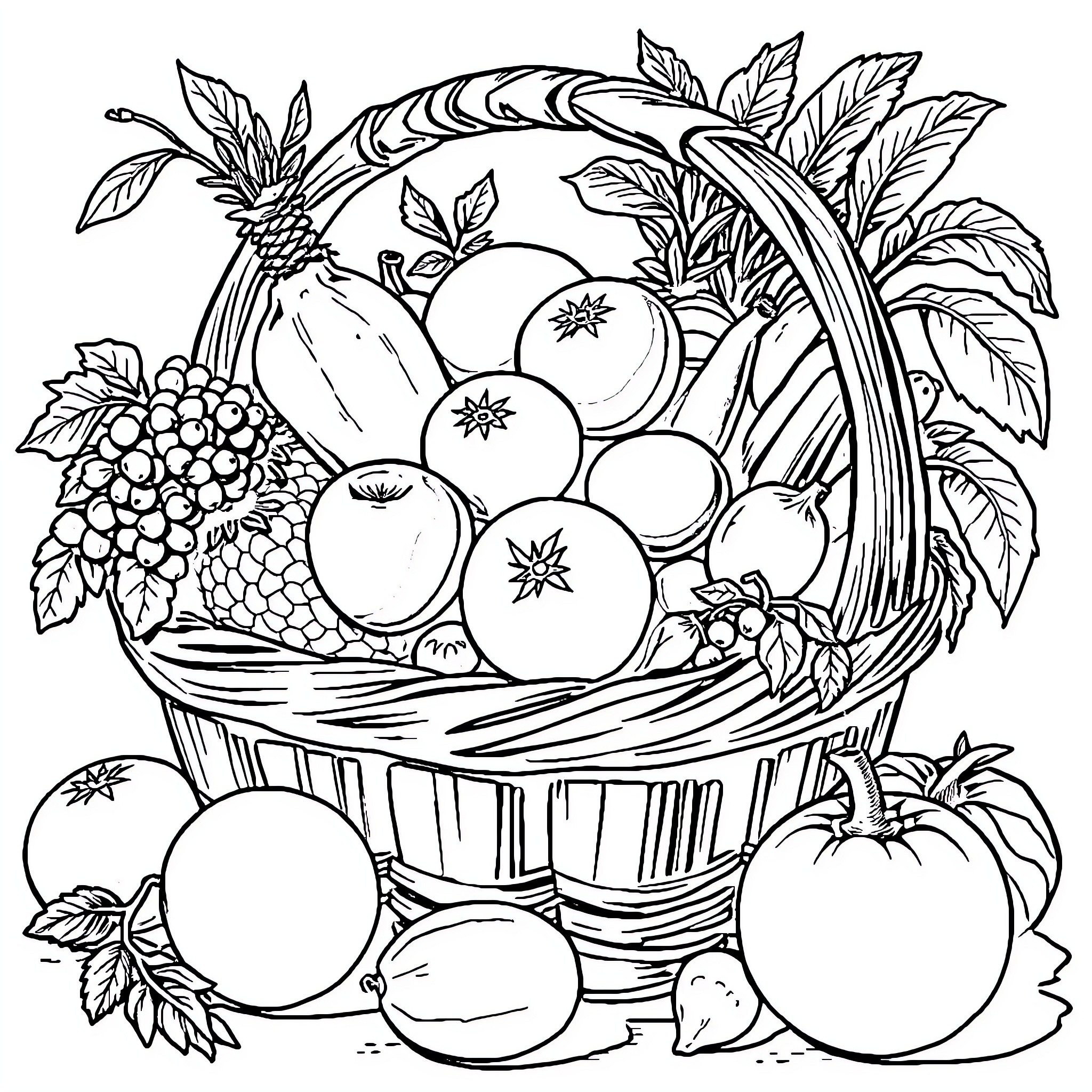 Panier de fruits et légumes frais Coloring Page (free black-and-white line drawing printable PDF for all, from beginners to advanced learners, including children, teens, adults, and seniors)