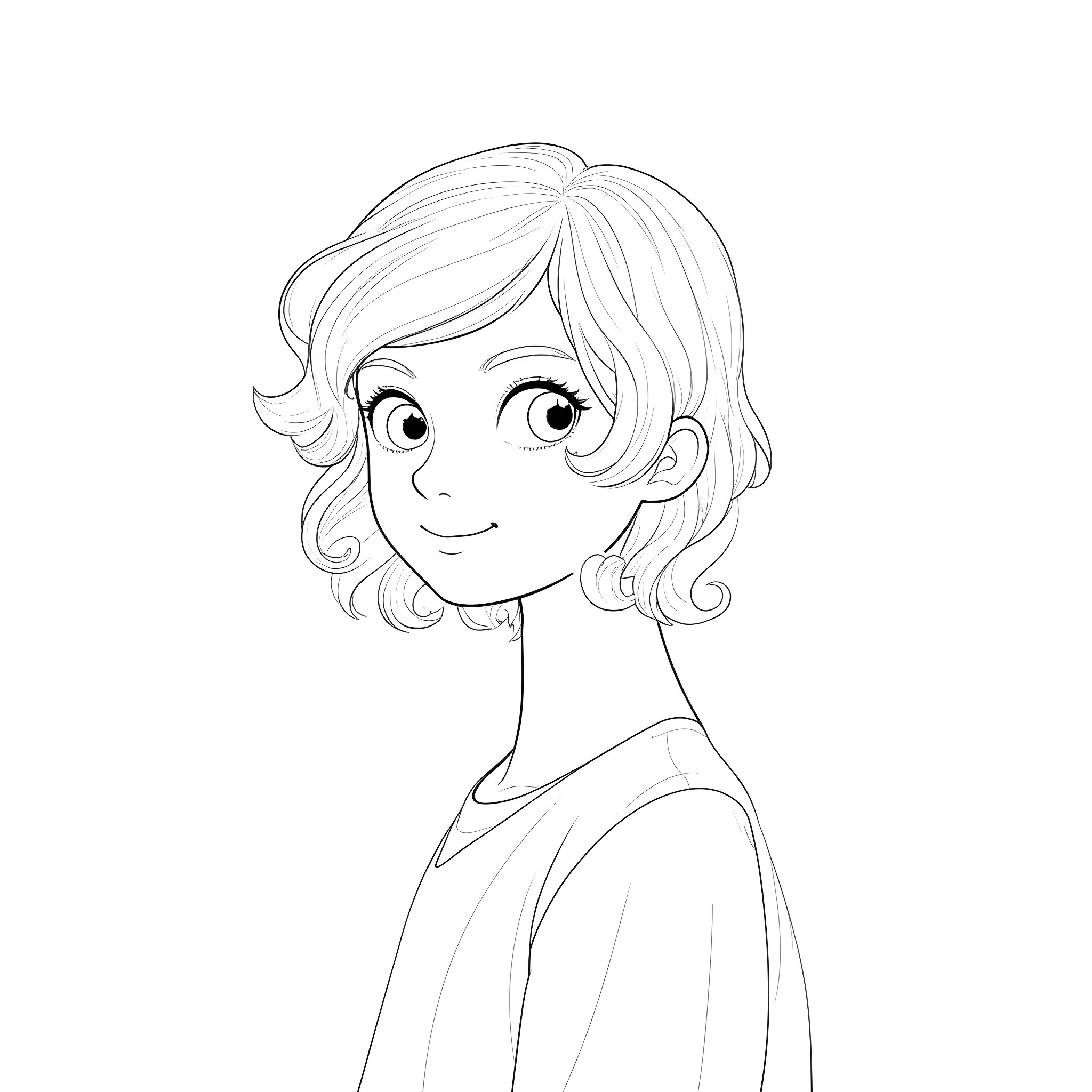 Boy with Wavy Hair Smiling Cheerfully Coloring Page (free black-and-white line drawing printable PDF for all, from beginners to advanced learners, including children, teens, adults, and seniors)