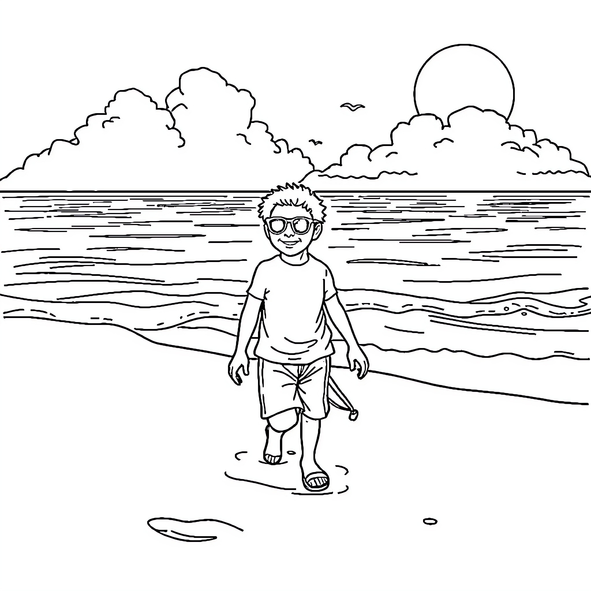 Hakimi enjoying a day at the beach Coloring Page (free black-and-white line drawing printable PDF for all, from beginners to advanced learners, including children, teens, adults, and seniors)