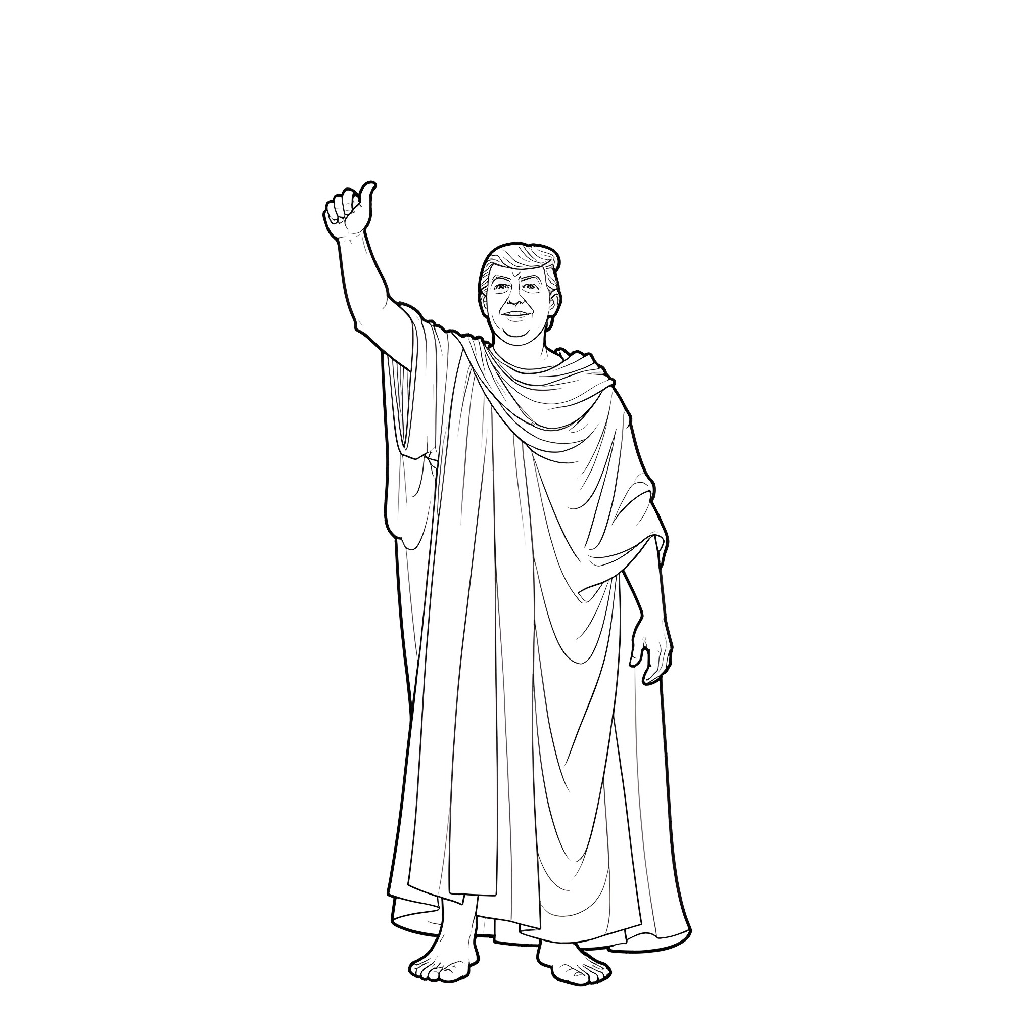 Donald Trump gesturing in a Roman-style robe Coloring Page (free black-and-white line drawing printable PDF for all, from beginners to advanced learners, including children, teens, adults, and seniors)