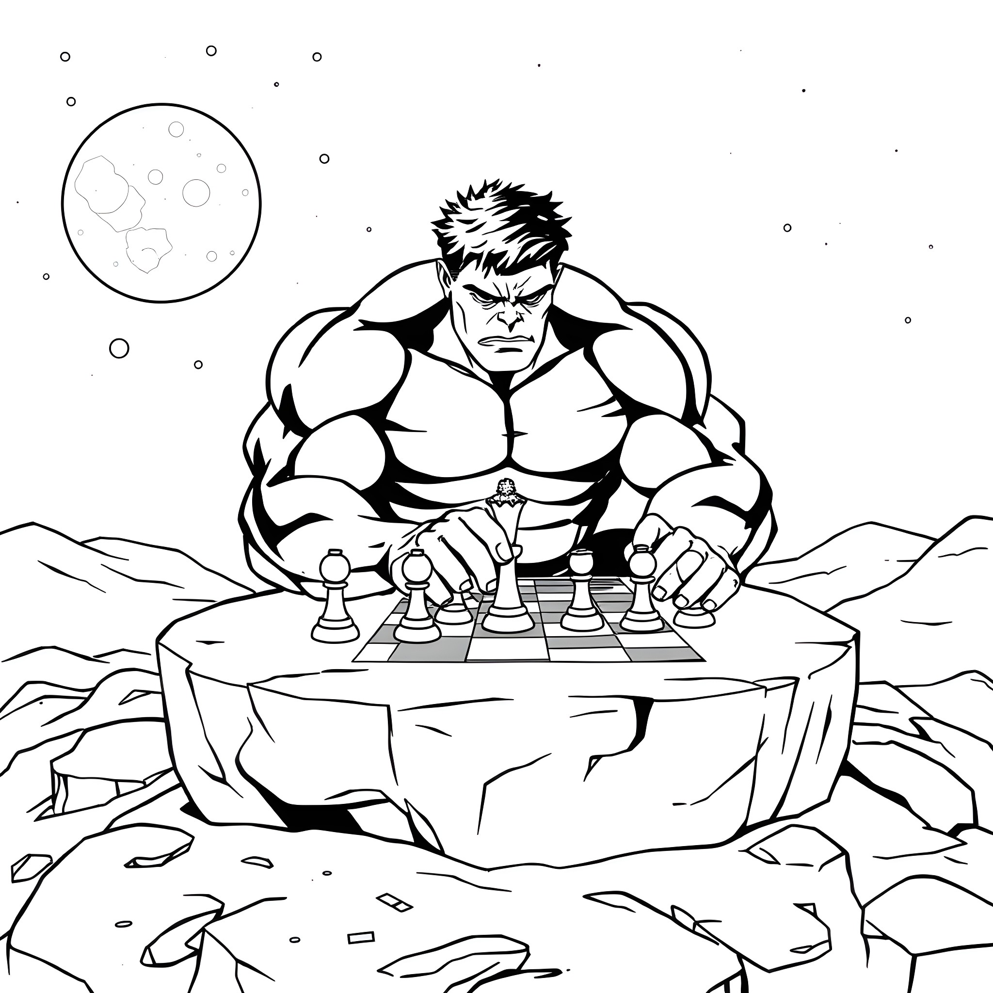 Hulk playing chess on a cliff in space Coloring Page (free black-and-white line drawing printable PDF for all, from beginners to advanced learners, including children, teens, adults, and seniors)