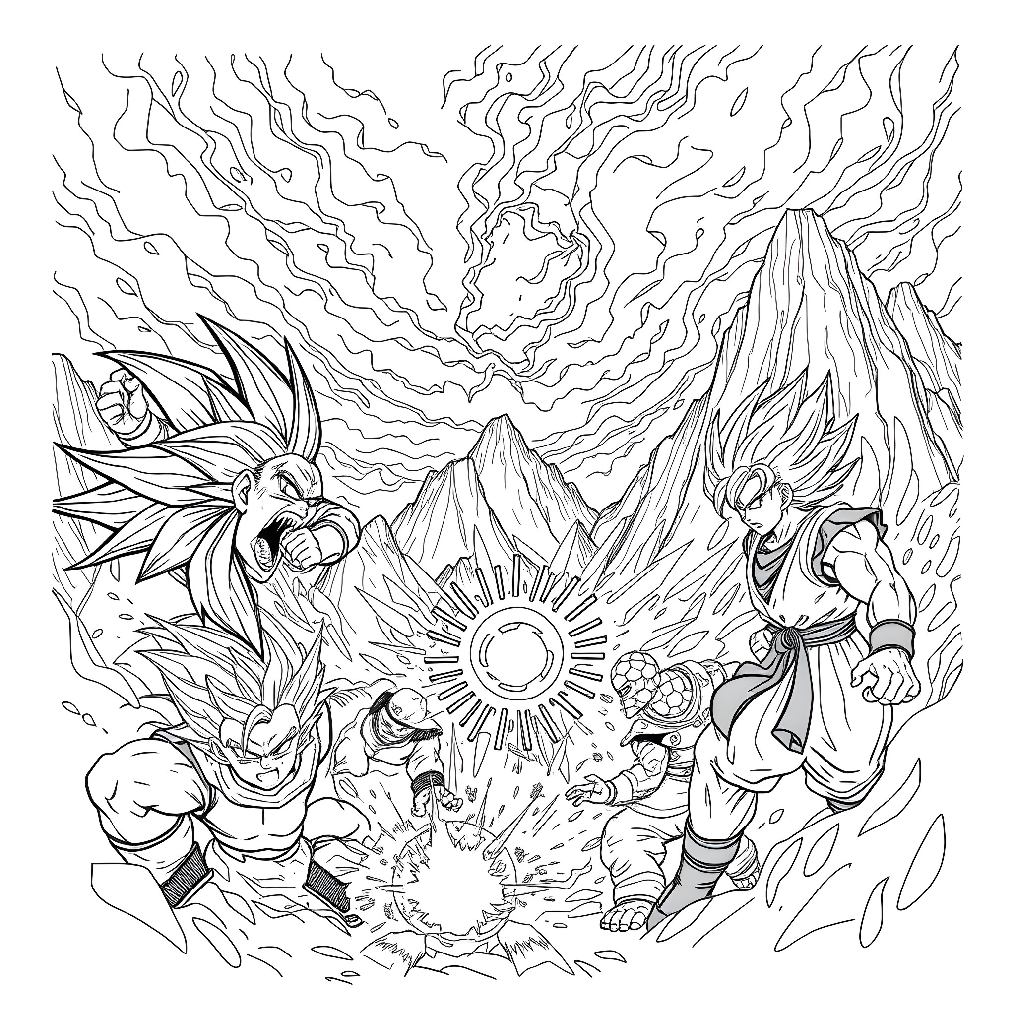Dragon warriors in an epic battle against the sun Coloring Page (free black-and-white line drawing printable PDF for all, from beginners to advanced learners, including children, teens, adults, and seniors)