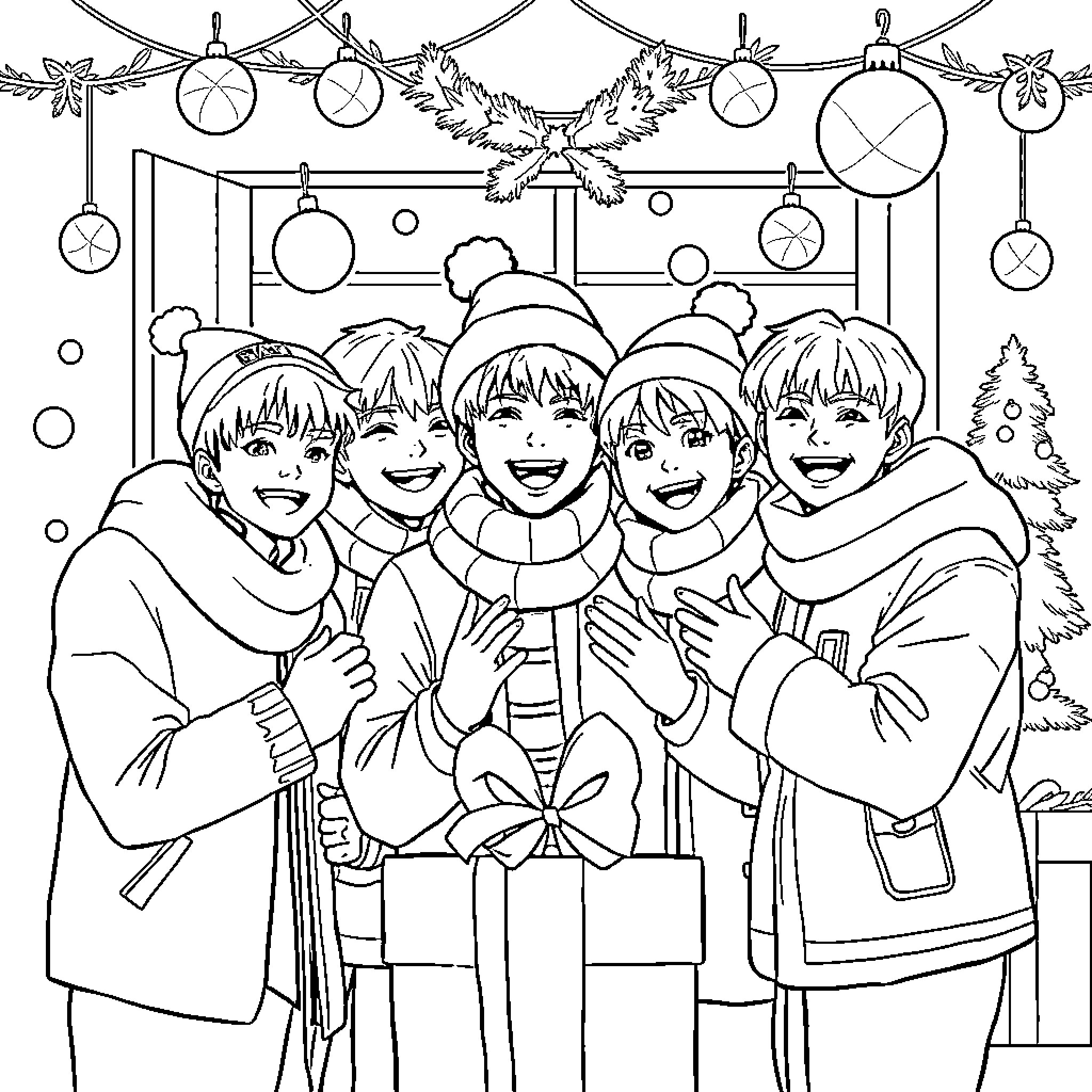 Kpop Hero Celebrates Festive Cheer with Friends Coloring Page (free black-and-white line drawing printable PDF for all, from beginners to advanced learners, including children, teens, adults, and seniors)