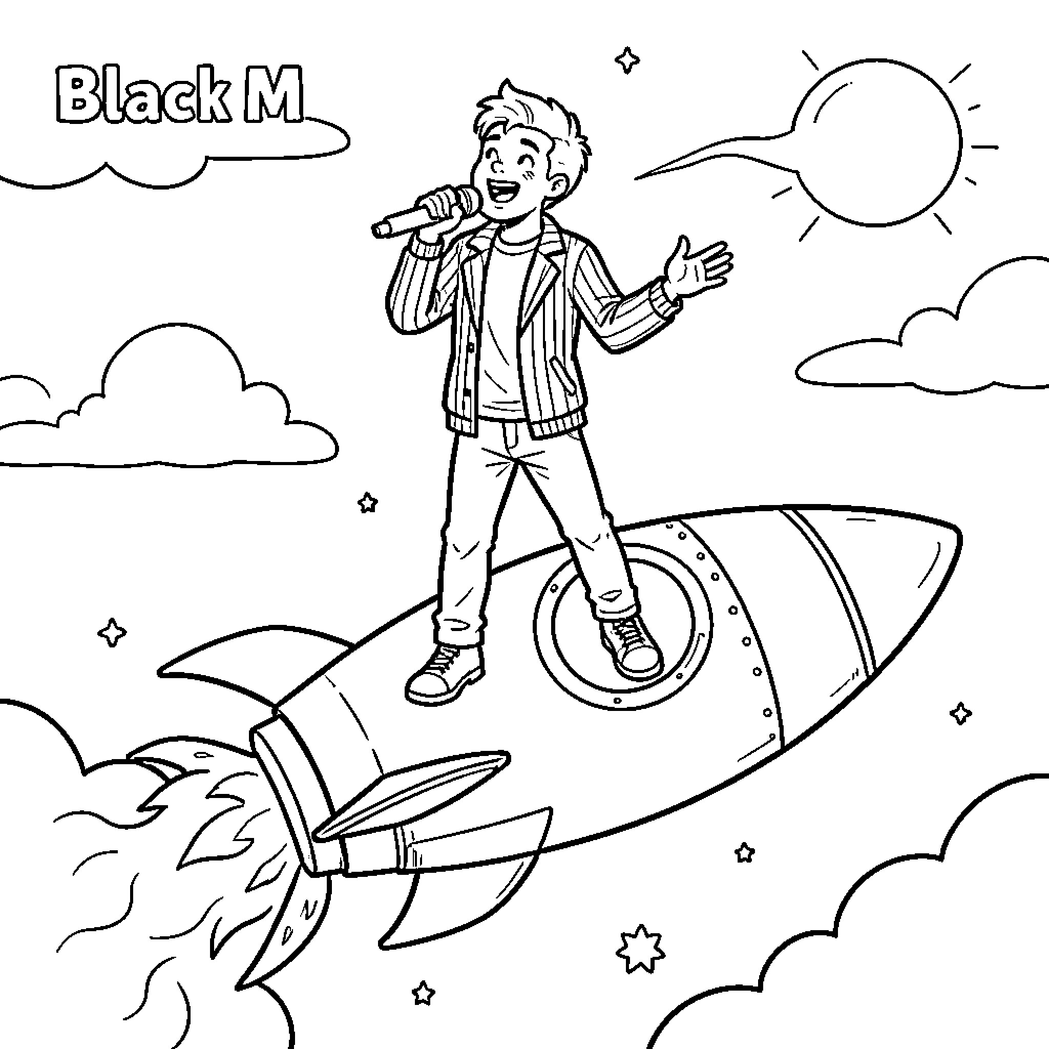 Black M boy singing while riding a rocket Coloring Page (free black-and-white line drawing printable PDF for all, from beginners to advanced learners, including children, teens, adults, and seniors)