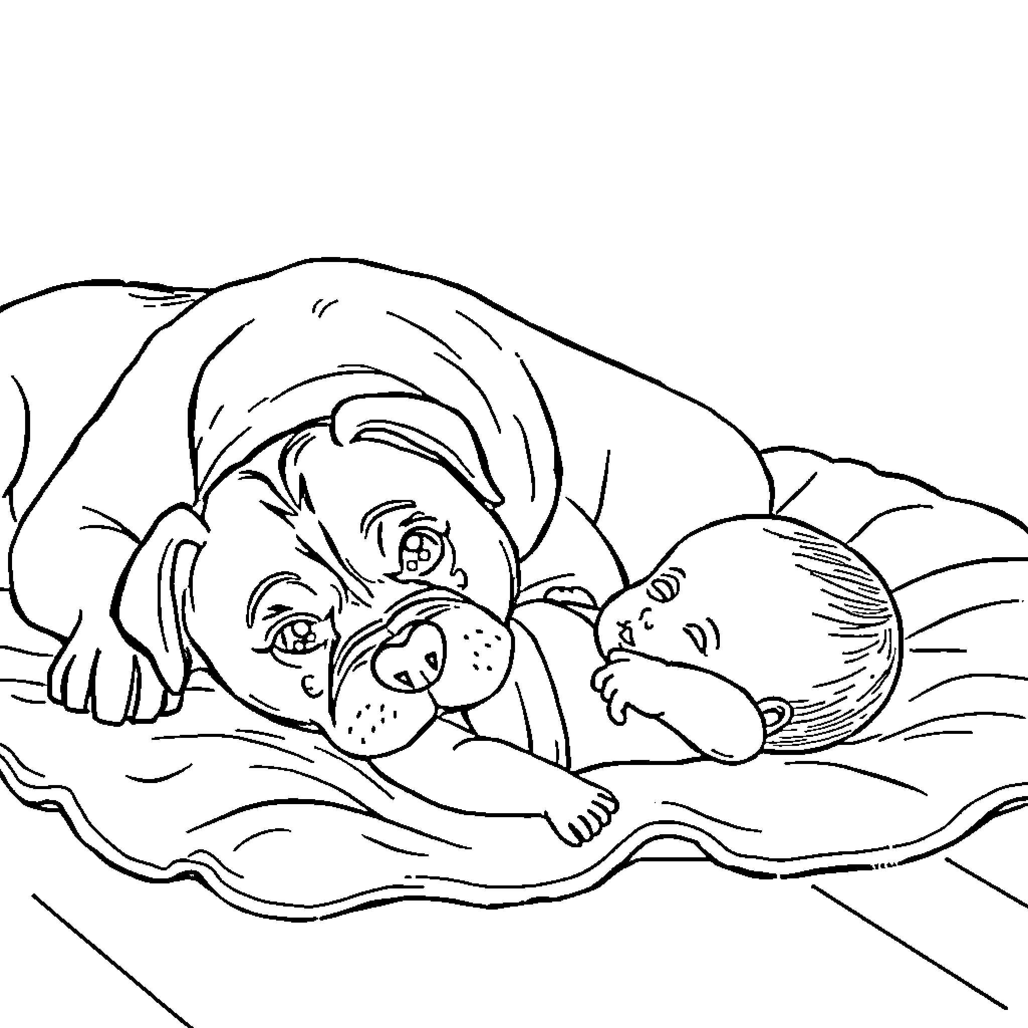 Staffy Relaxing with Baby Companion Coloring Page (free black-and-white line drawing printable PDF for all, from beginners to advanced learners, including children, teens, adults, and seniors)