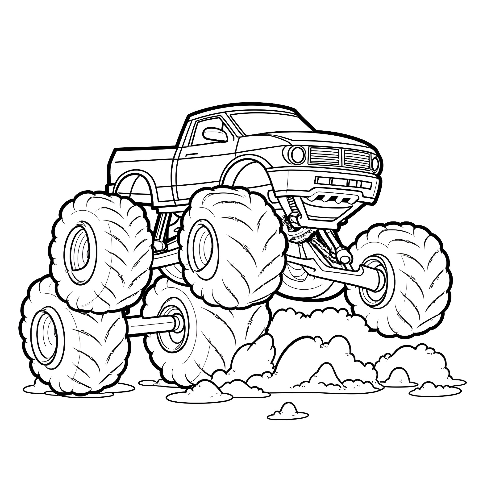 Monster Truck Racing Over Clouds Coloring Page (free black-and-white line drawing printable PDF for all, from beginners to advanced learners, including children, teens, adults, and seniors)