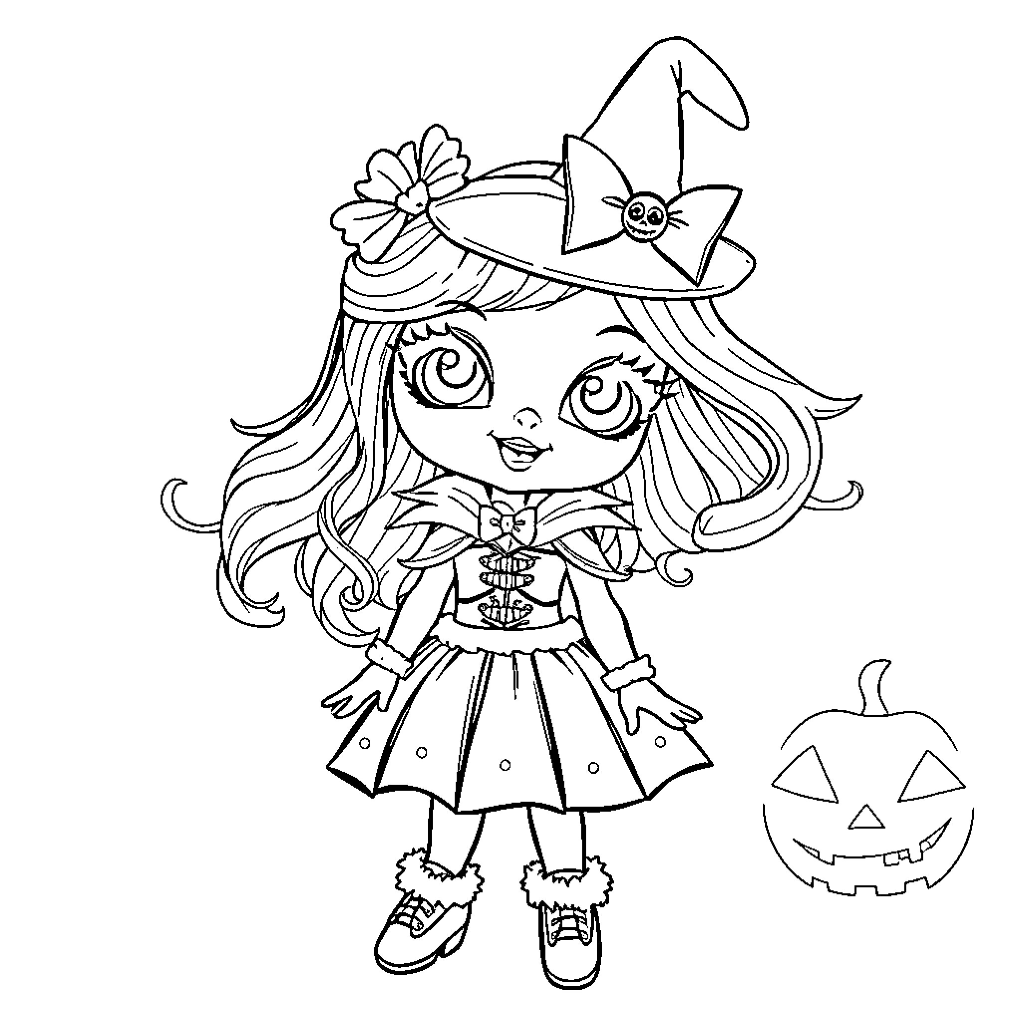 Barbie doll dressed up for Halloween Coloring Page (free black-and-white line drawing printable PDF for all, from beginners to advanced learners, including children, teens, adults, and seniors)