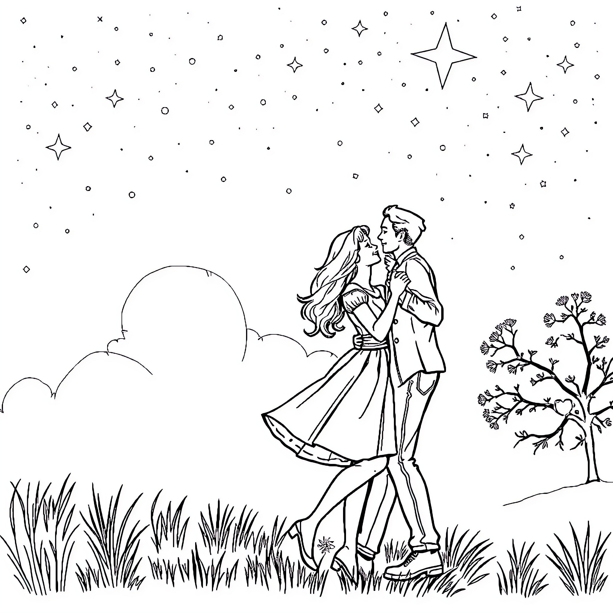 Love Story Under the Starry Night Coloring Page (free black-and-white line drawing printable PDF for all, from beginners to advanced learners, including children, teens, adults, and seniors)