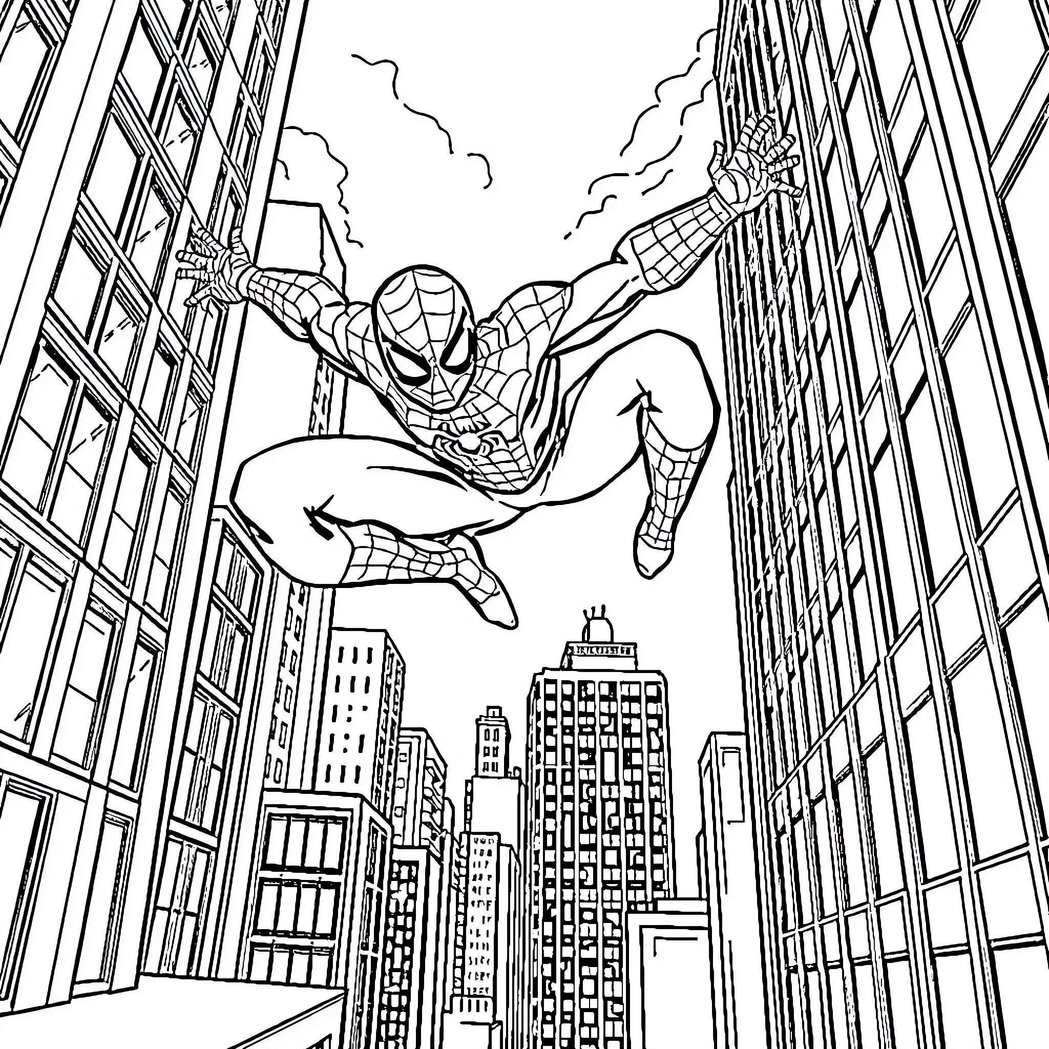 Spiderman swinging through the cityscape Coloring Page (free black-and-white line drawing printable PDF for all, from beginners to advanced learners, including children, teens, adults, and seniors)